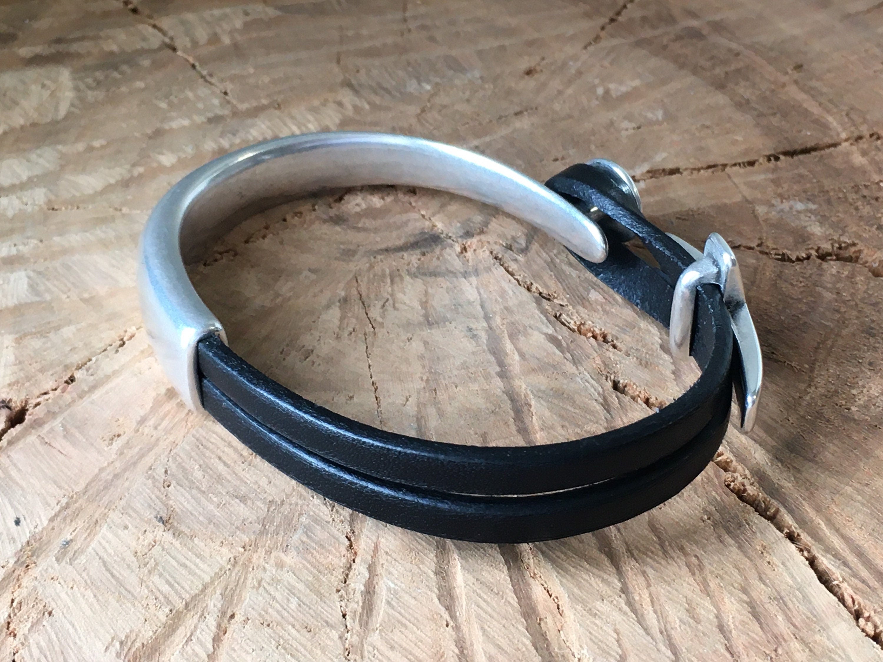 Unisex leather half cuff bracelet with silver plated cross, handmade custom jewelry
