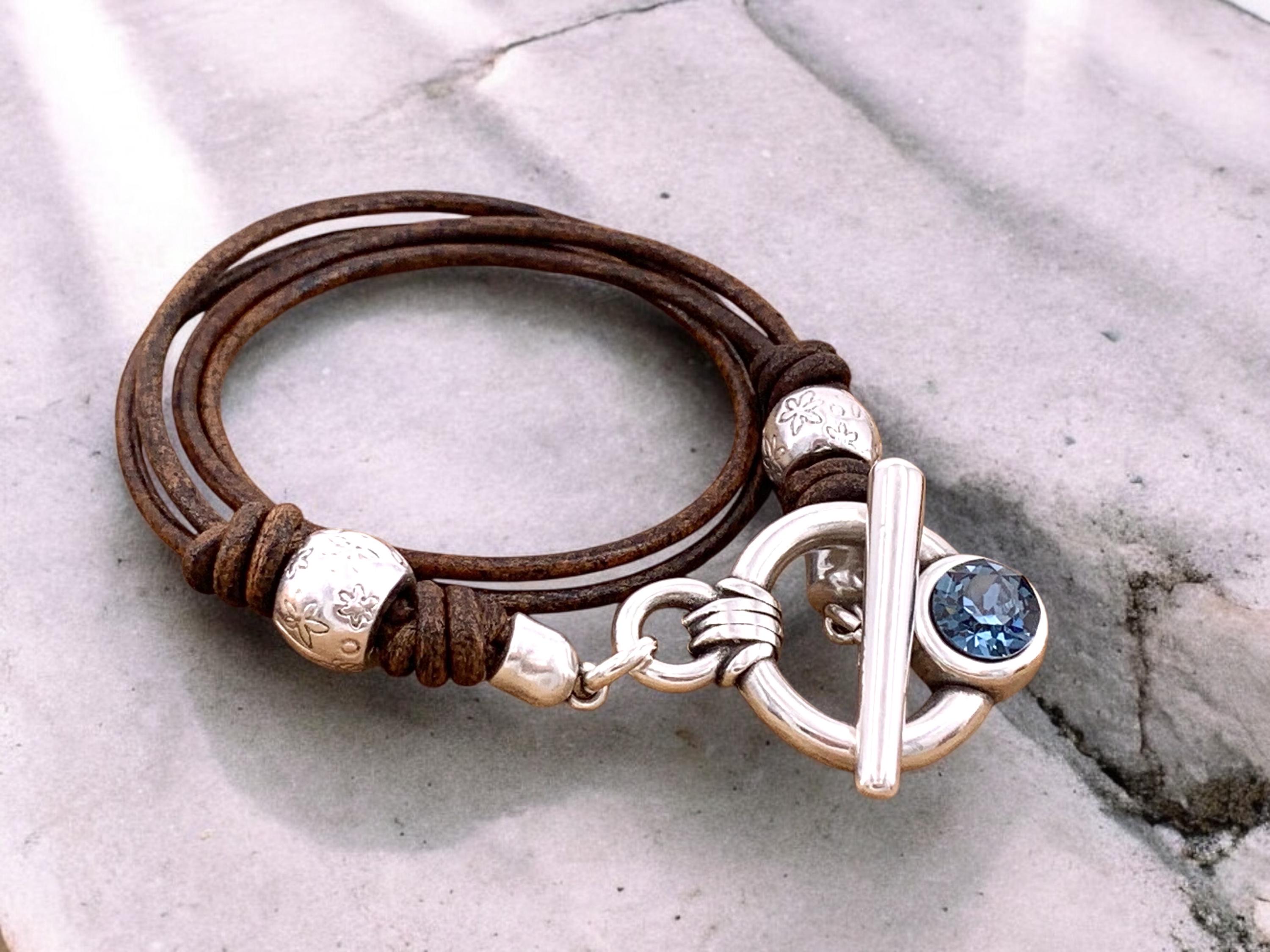 Boho-style leather bracelet with Swarovski accents and toggle clasp. Custom fit. Kukuri Jewelry.