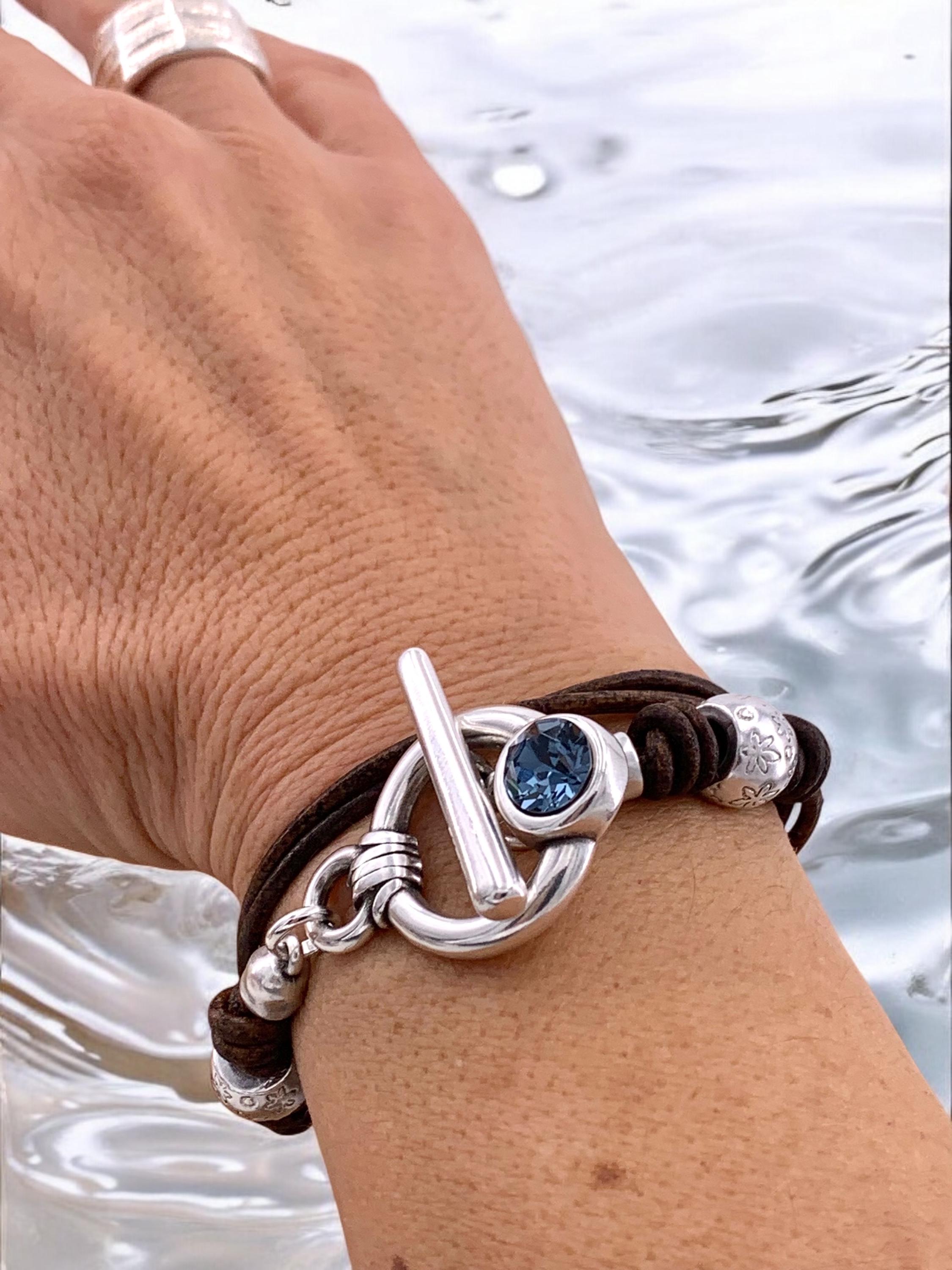 Boho-style leather bracelet with Swarovski accents and toggle clasp. Custom fit. Kukuri Jewelry.