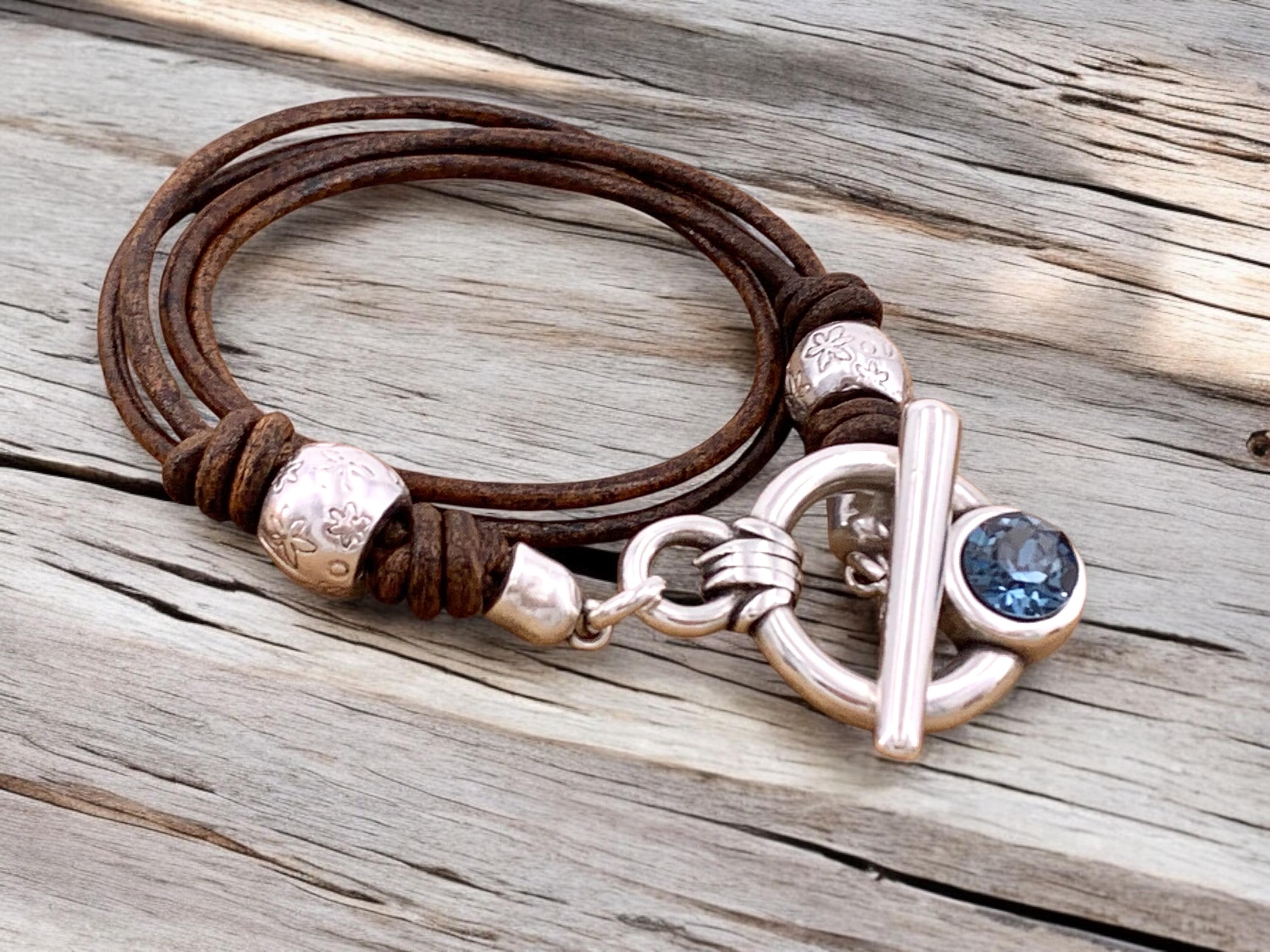 Boho-style leather bracelet with Swarovski accents and toggle clasp. Custom fit. Kukuri Jewelry.