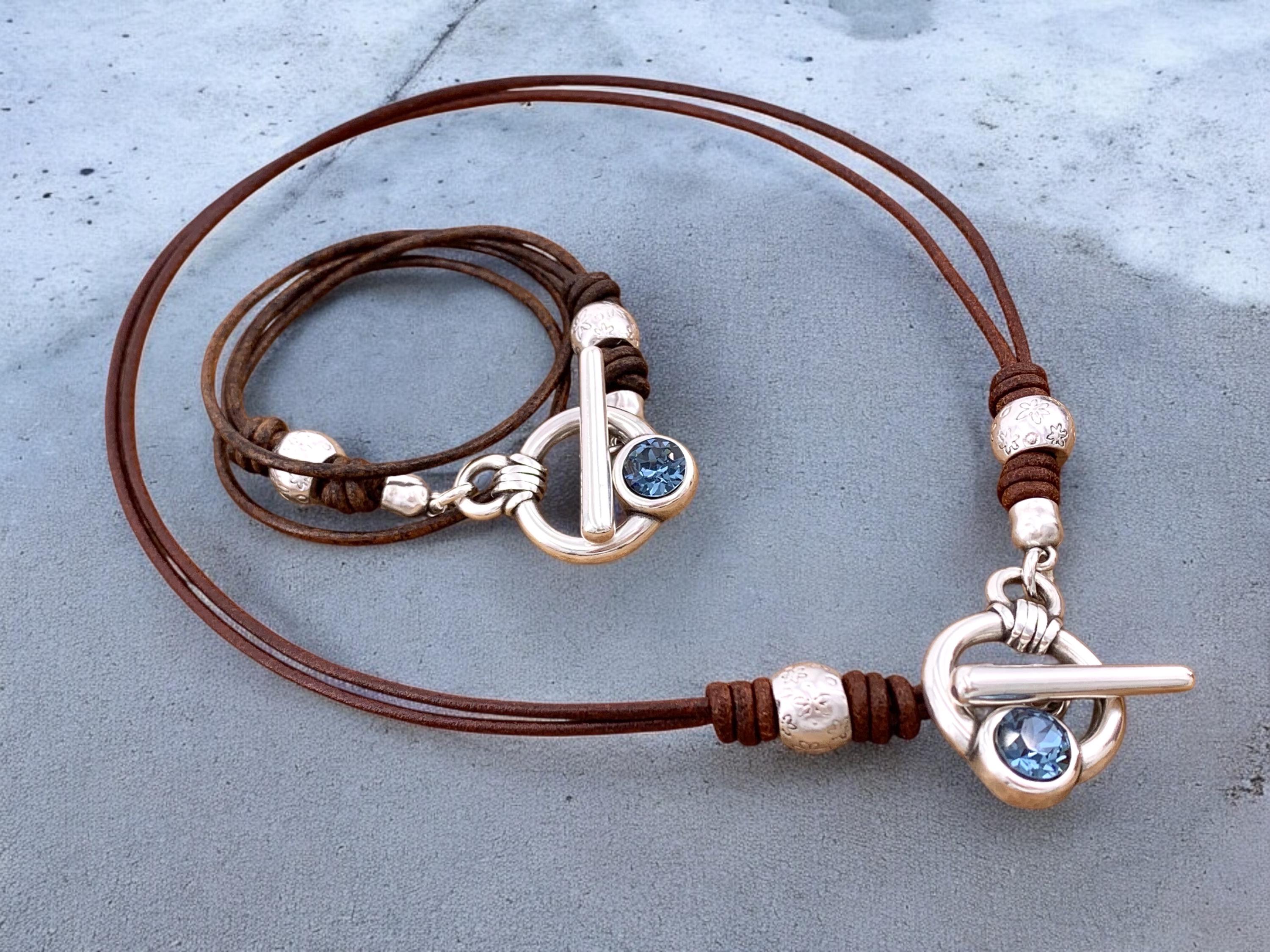 Boho-style leather bracelet with Swarovski accents and toggle clasp. Custom fit. Kukuri Jewelry.