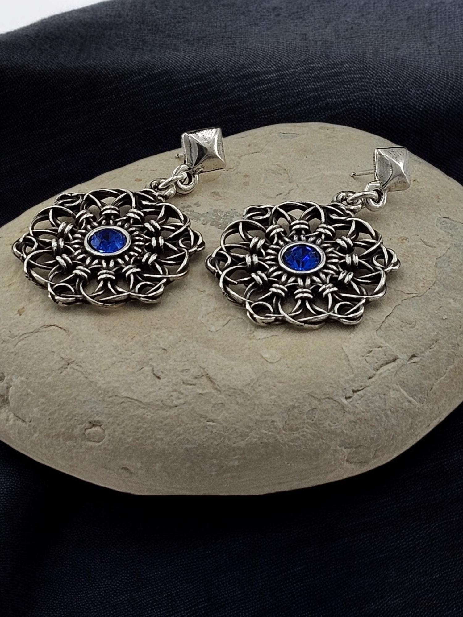 Silver plated Mandala Earrings with Blue Swarovski Crystal, Bohemian Jewelry