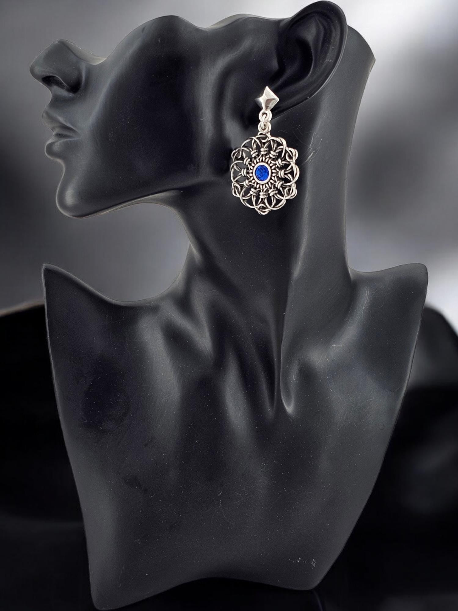 Silver plated Mandala Earrings with Blue Swarovski Crystal, Bohemian Jewelry