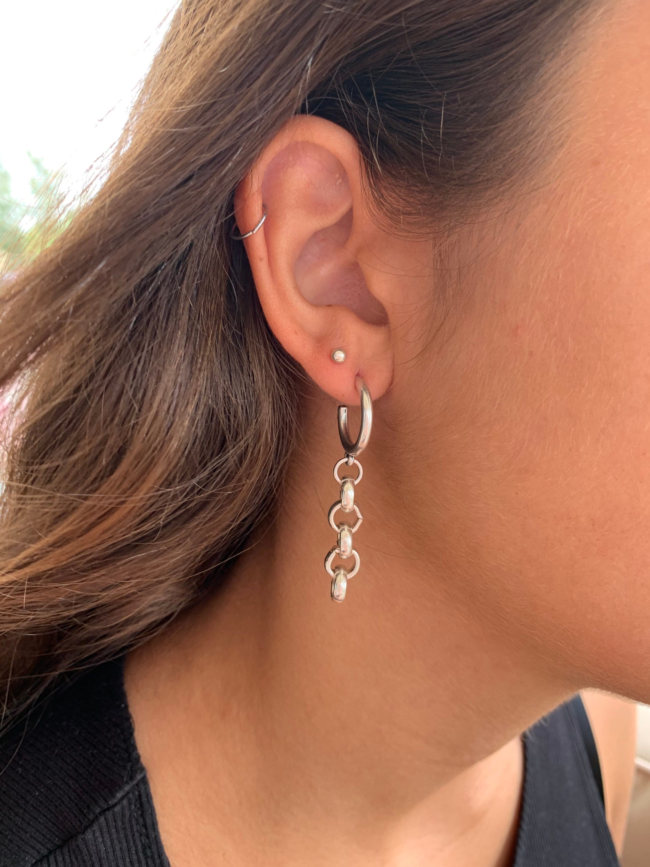Silver plated Hoop Earrings with Dangling Chain, Sculptural custom Hoops, Handmade Modern Drop Earrings