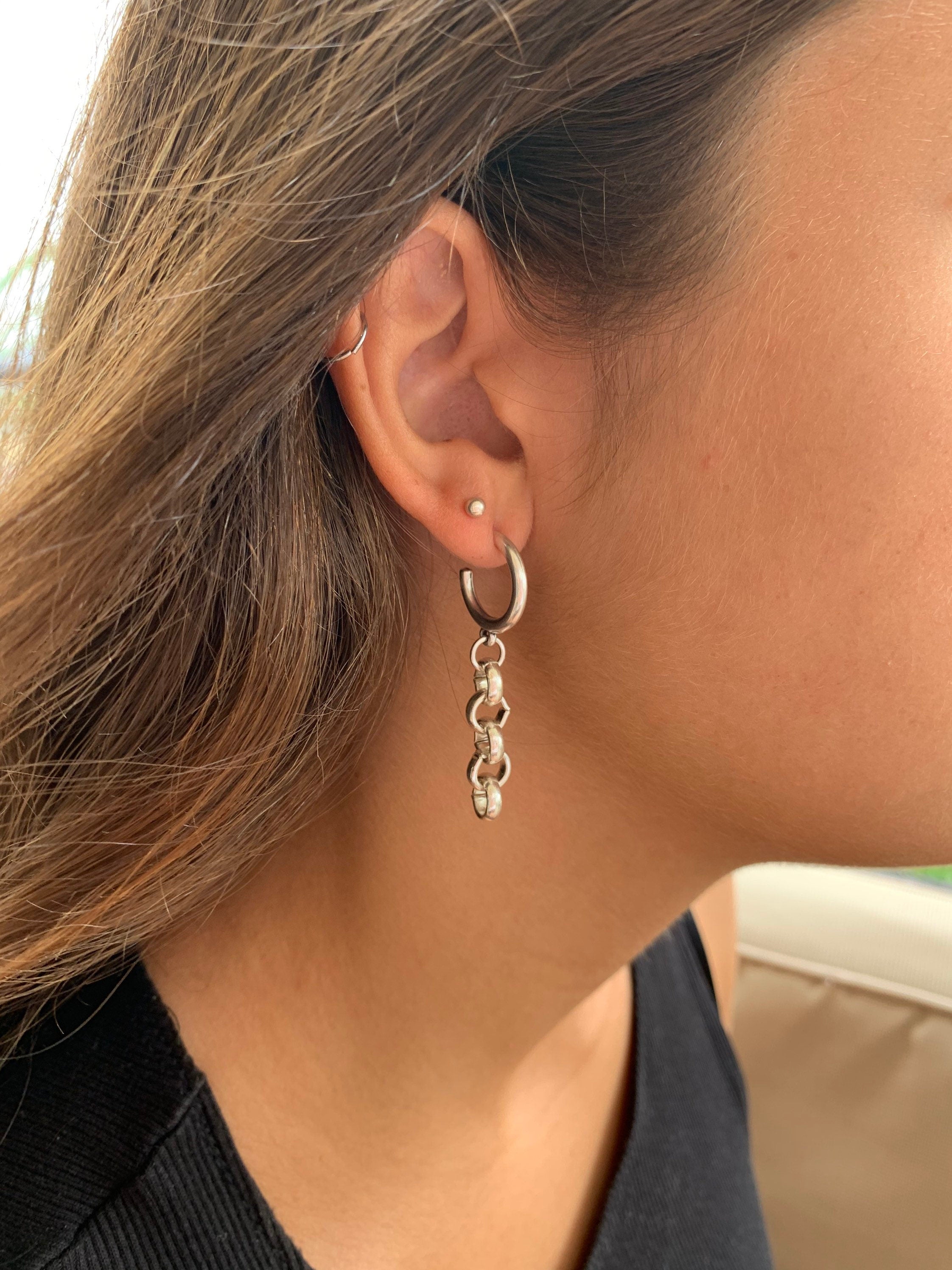 Silver plated Hoop Earrings with Dangling Chain, Sculptural custom Hoops, Handmade Modern Drop Earrings