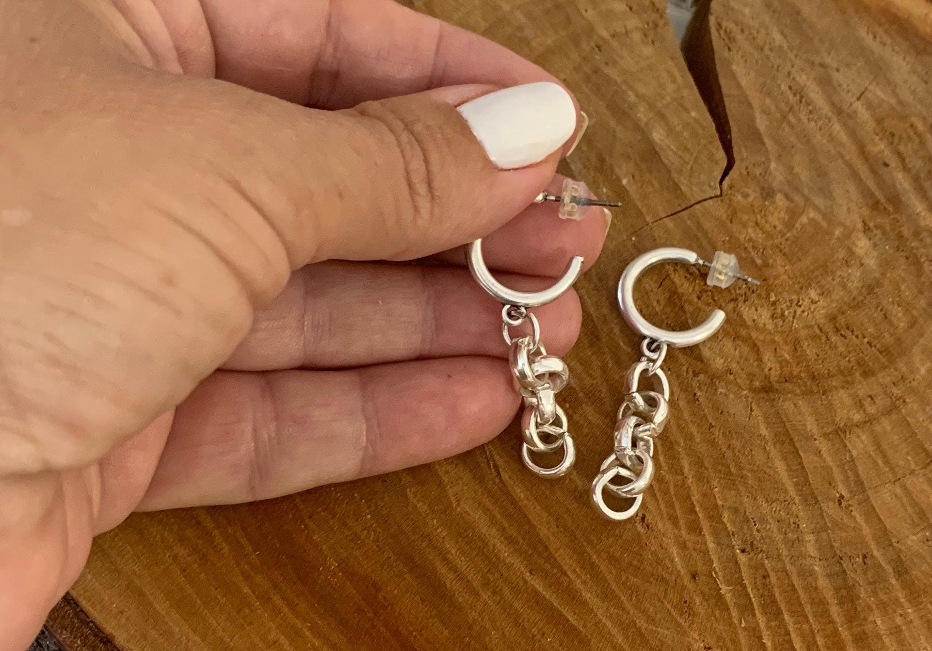 Silver plated Hoop Earrings with Dangling Chain, Sculptural custom Hoops, Handmade Modern Drop Earrings