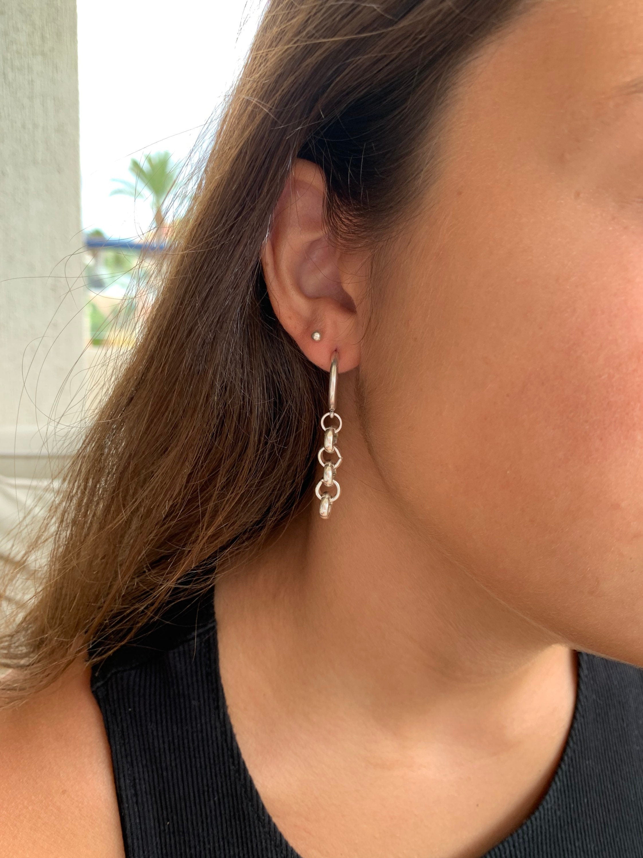 Silver plated Hoop Earrings with Dangling Chain, Sculptural custom Hoops, Handmade Modern Drop Earrings