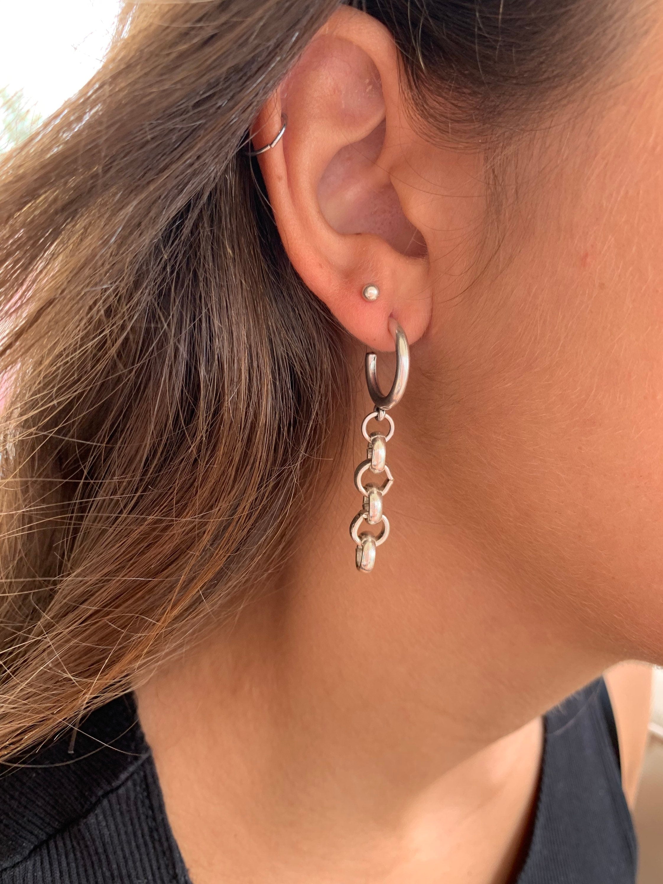 Silver plated Hoop Earrings with Dangling Chain, Sculptural custom Hoops, Handmade Modern Drop Earrings