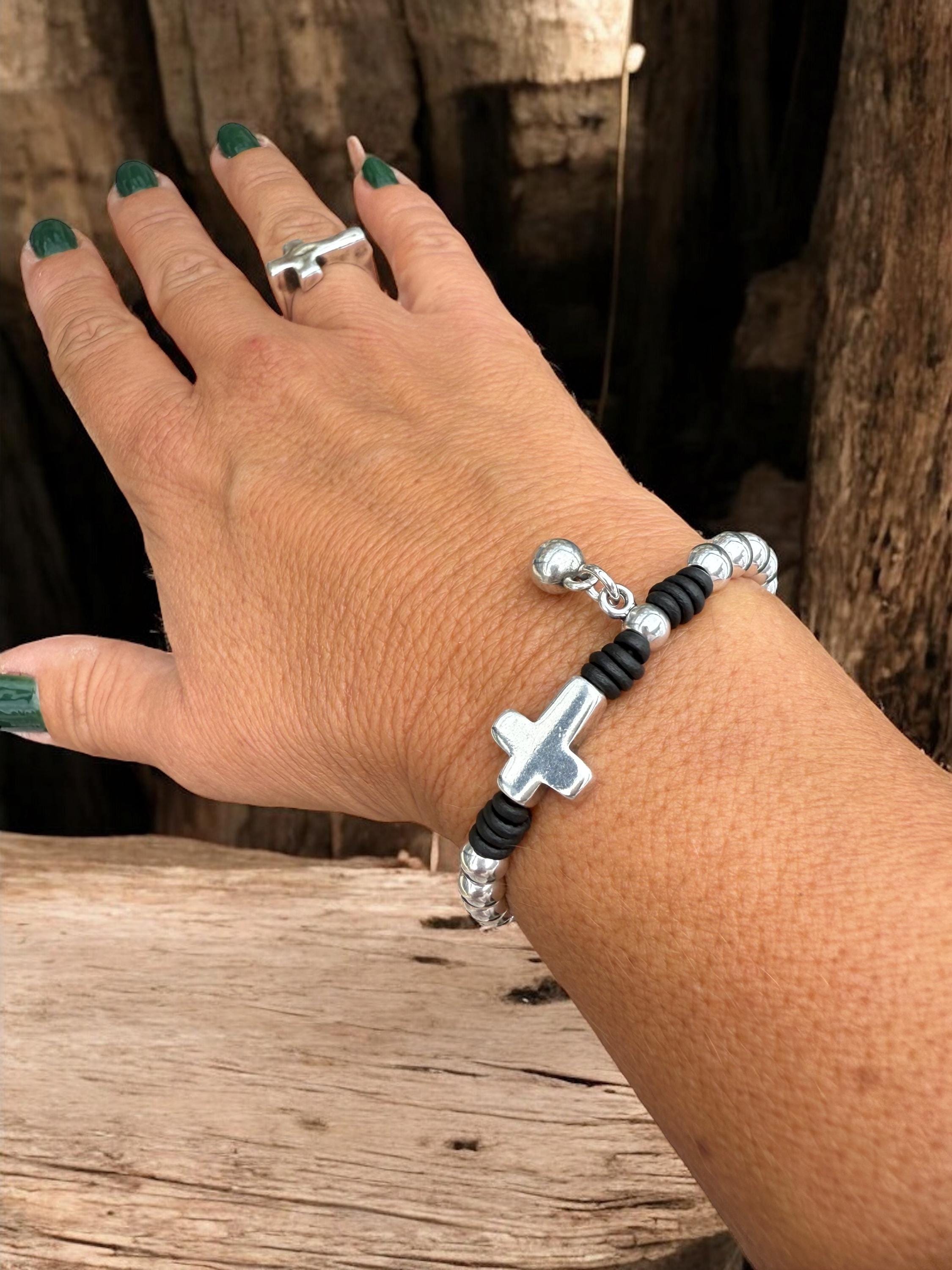 Silver cross central piece handmade beaded leather bracelet - boho jewelry
