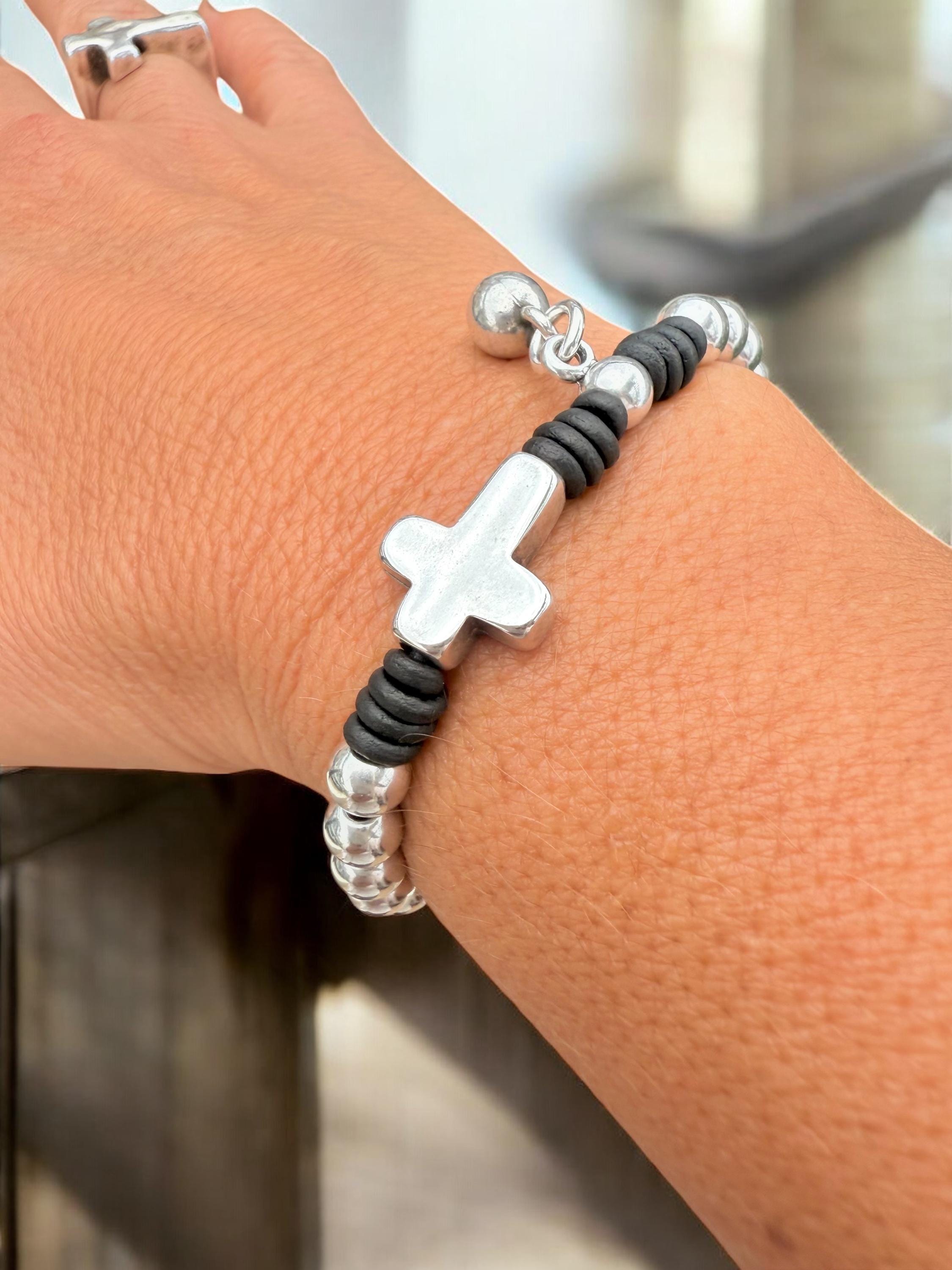 Silver cross central piece handmade beaded leather bracelet - boho jewelry