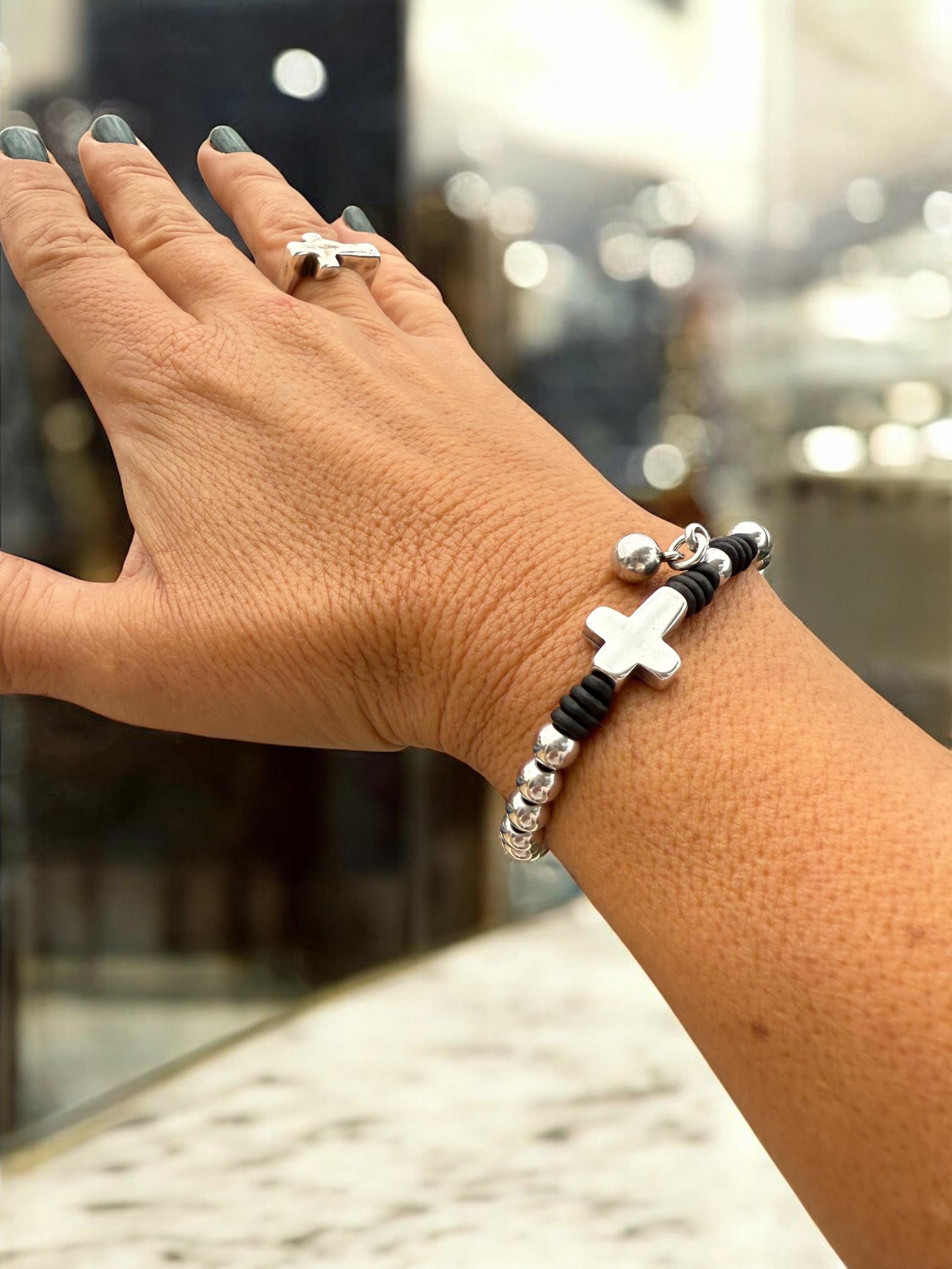 Silver cross central piece handmade beaded leather bracelet - boho jewelry