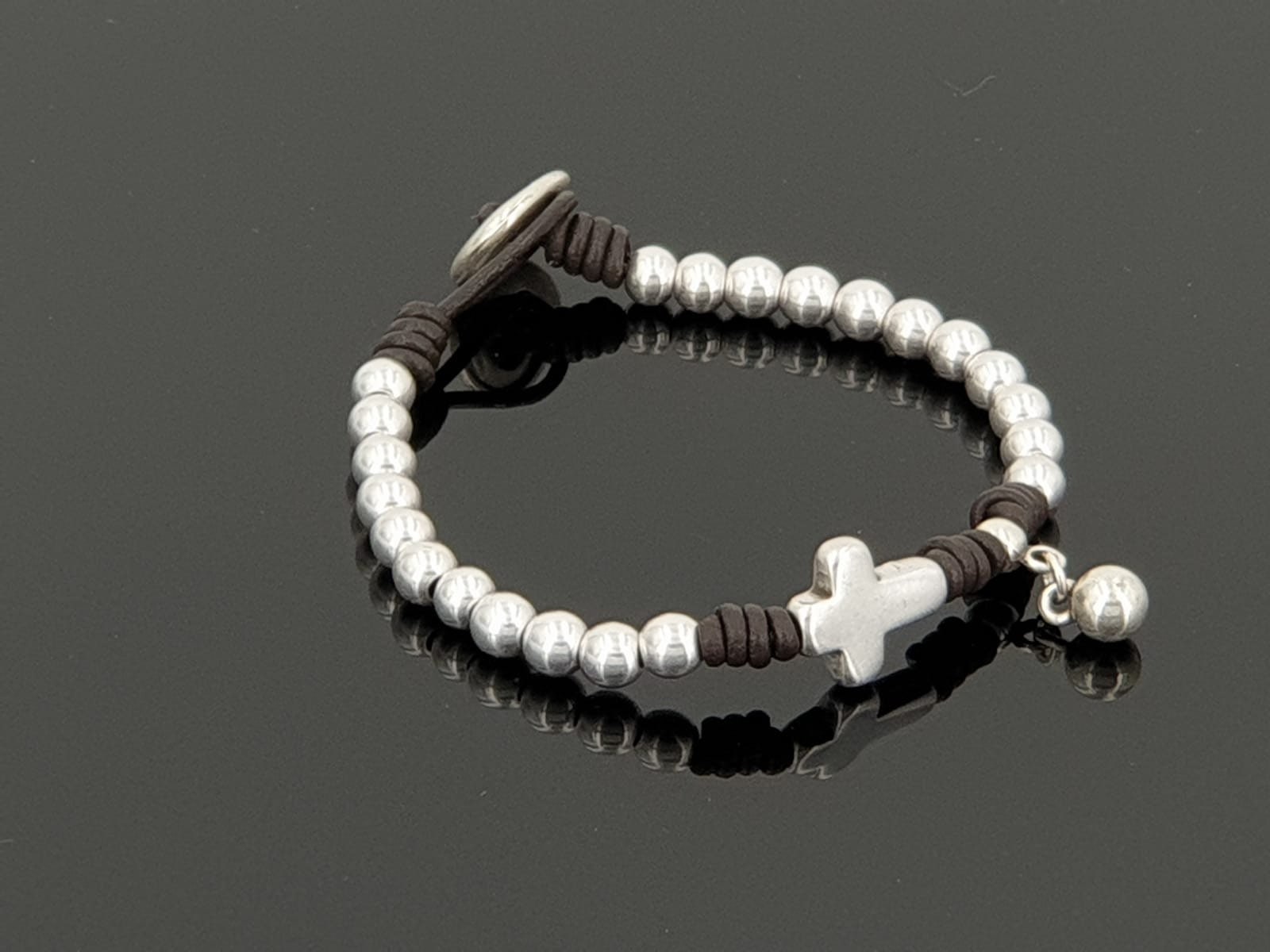 Silver cross central piece handmade beaded leather bracelet - boho jewelry
