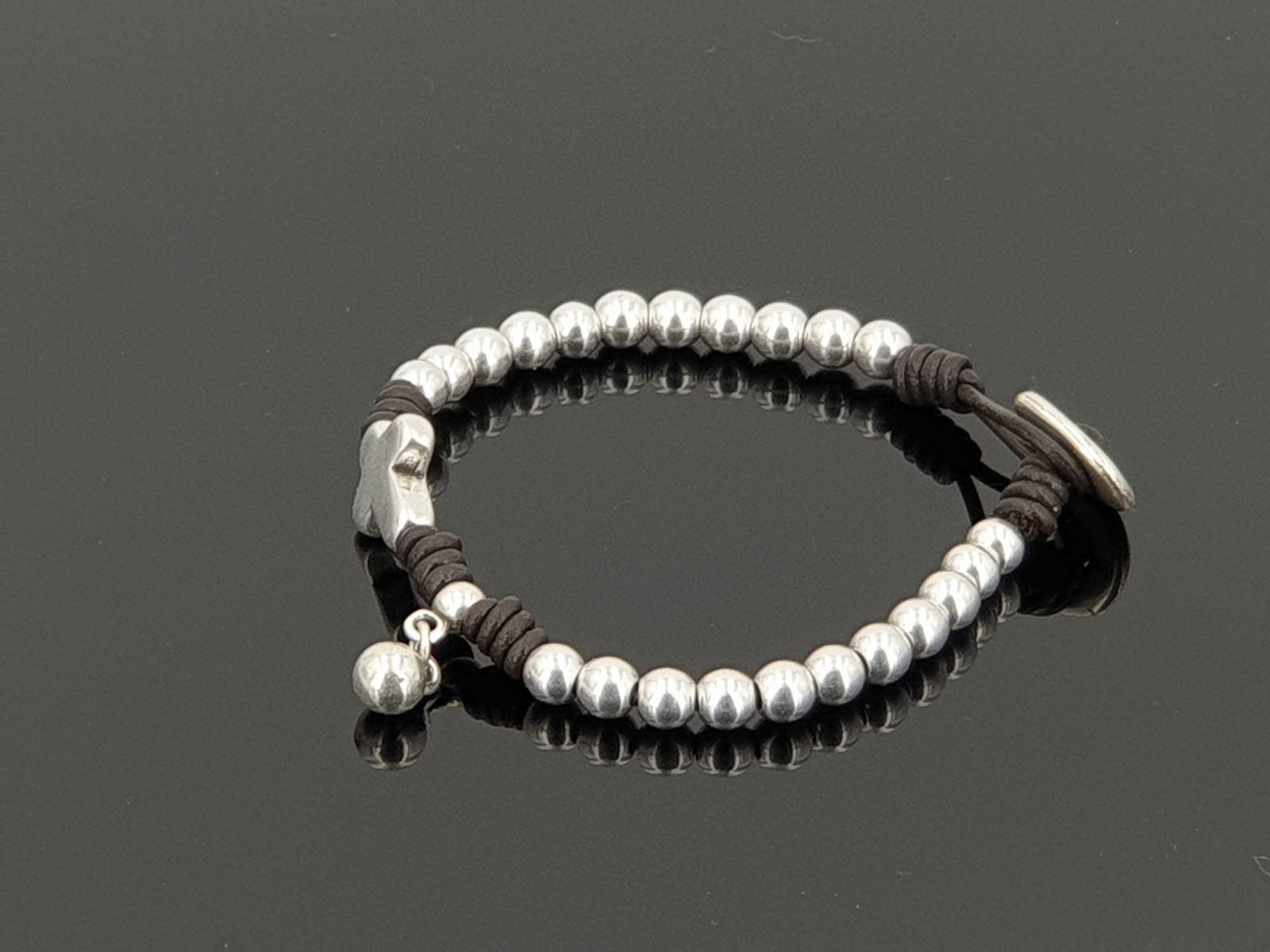 Silver cross central piece handmade beaded leather bracelet - boho jewelry