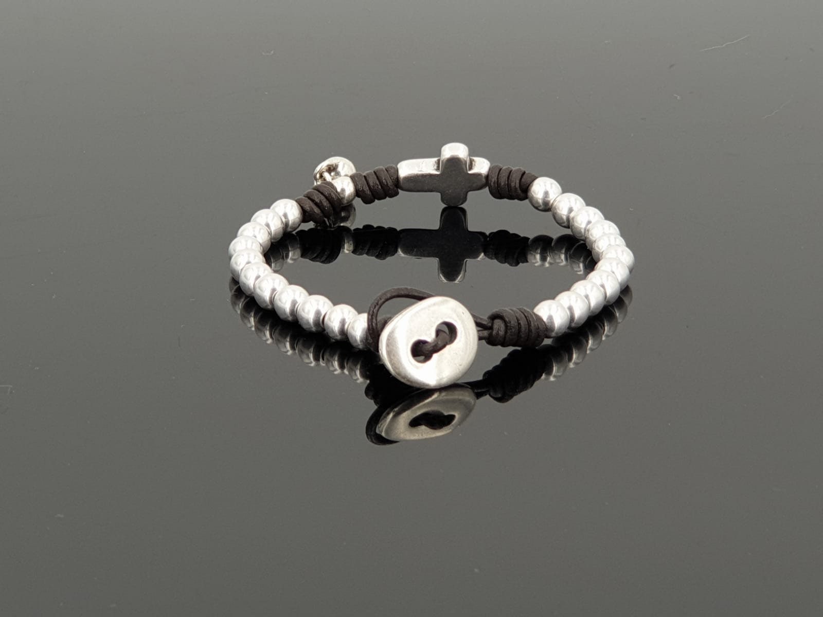 Silver cross central piece handmade beaded leather bracelet - boho jewelry
