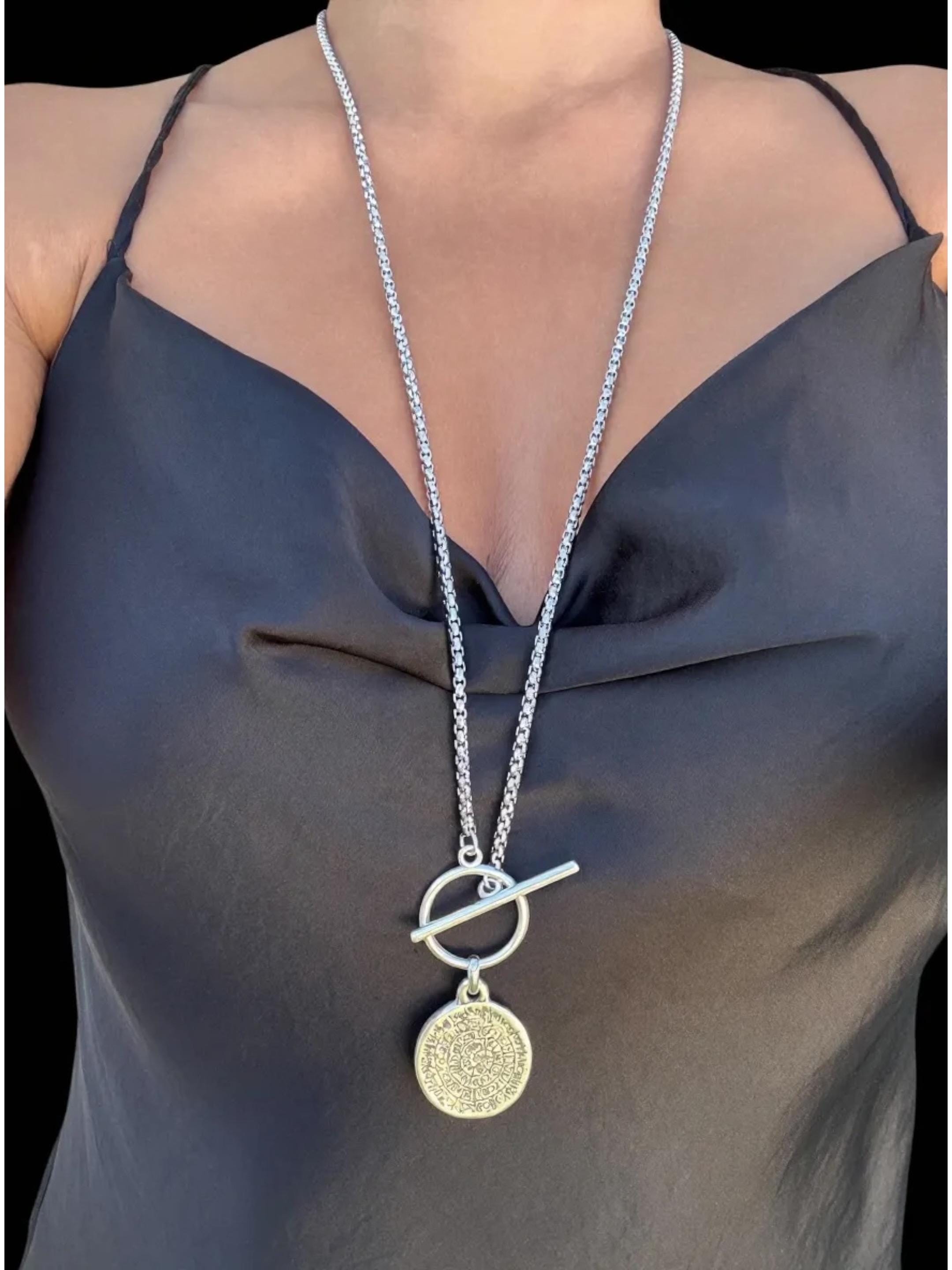 Artisian Long Toggle clasp stainless steel Necklace with Symbolic bold engrave Circular Pendant