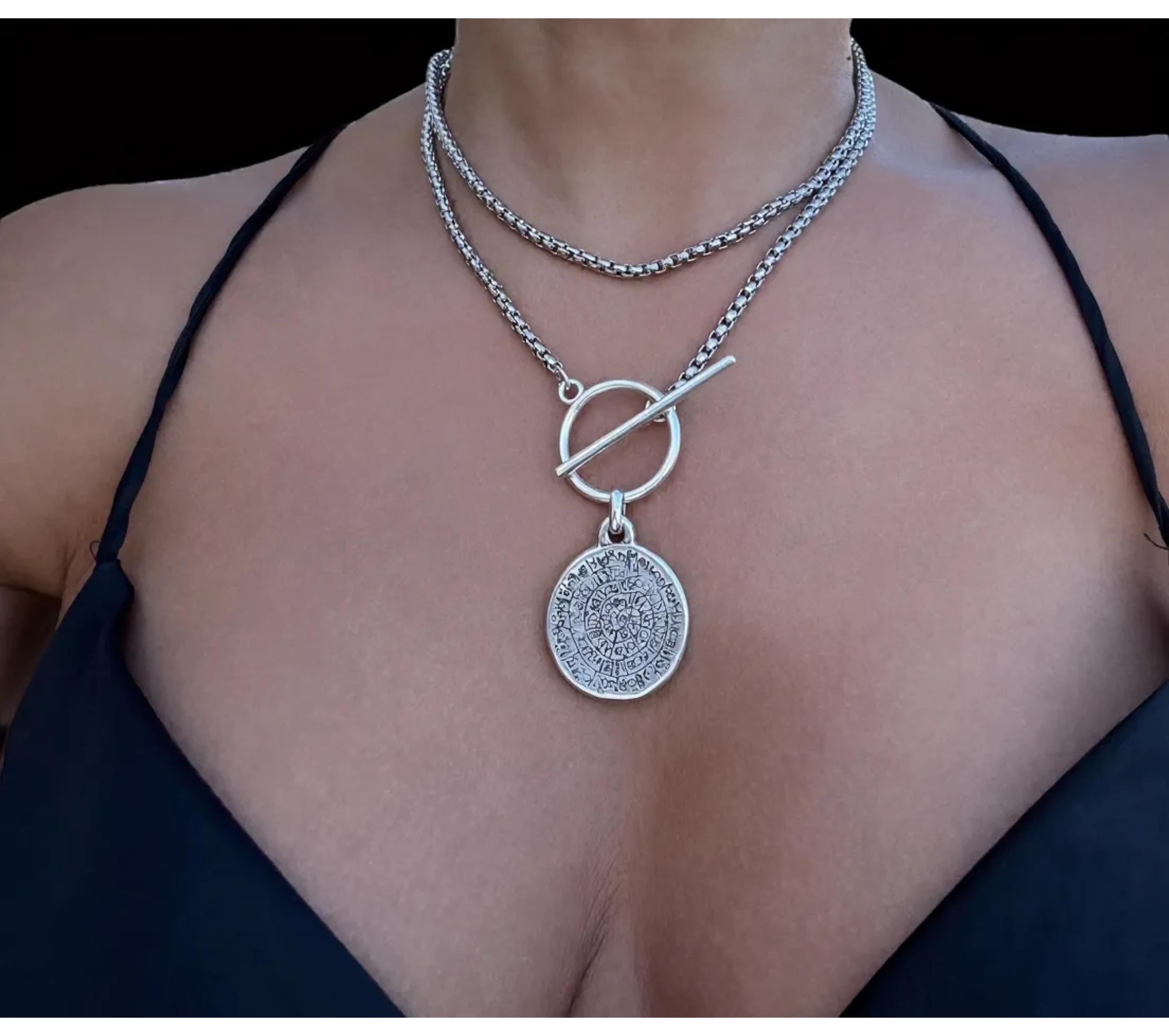 Artisian Long Toggle clasp stainless steel Necklace with Symbolic bold engrave Circular Pendant