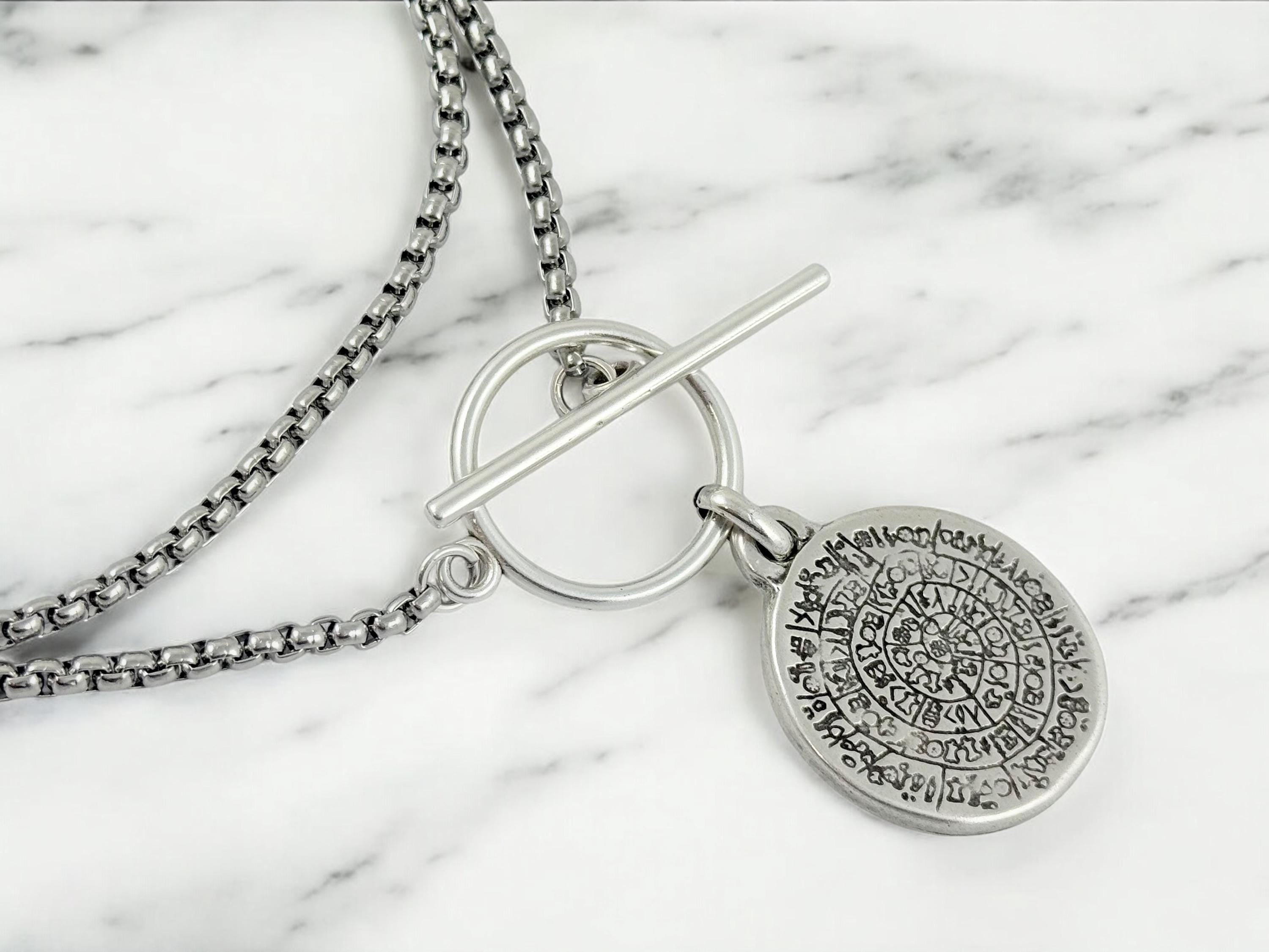 Artisian Long Toggle clasp stainless steel Necklace with Symbolic bold engrave Circular Pendant