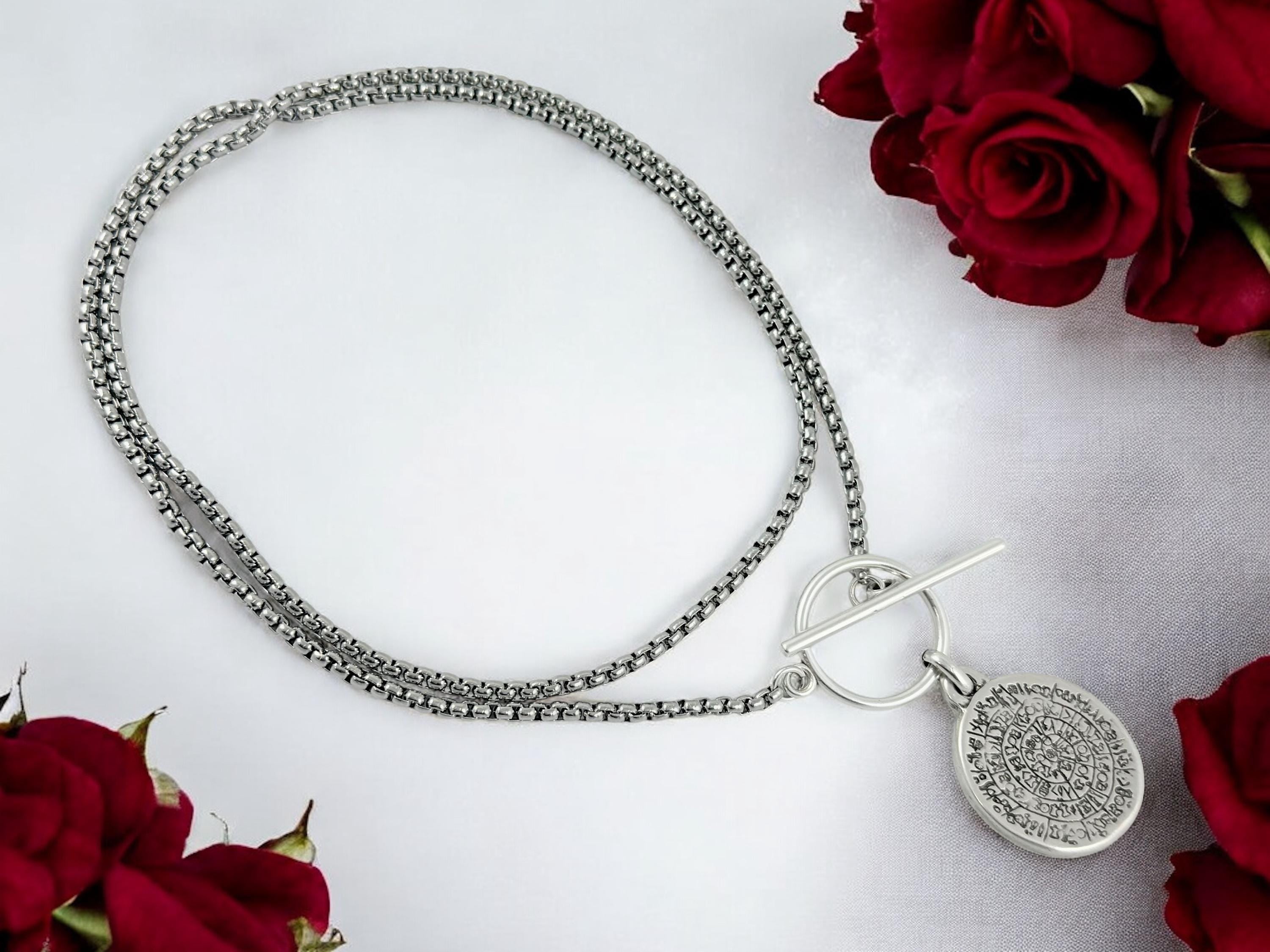 Artisian Long Toggle clasp stainless steel Necklace with Symbolic bold engrave Circular Pendant