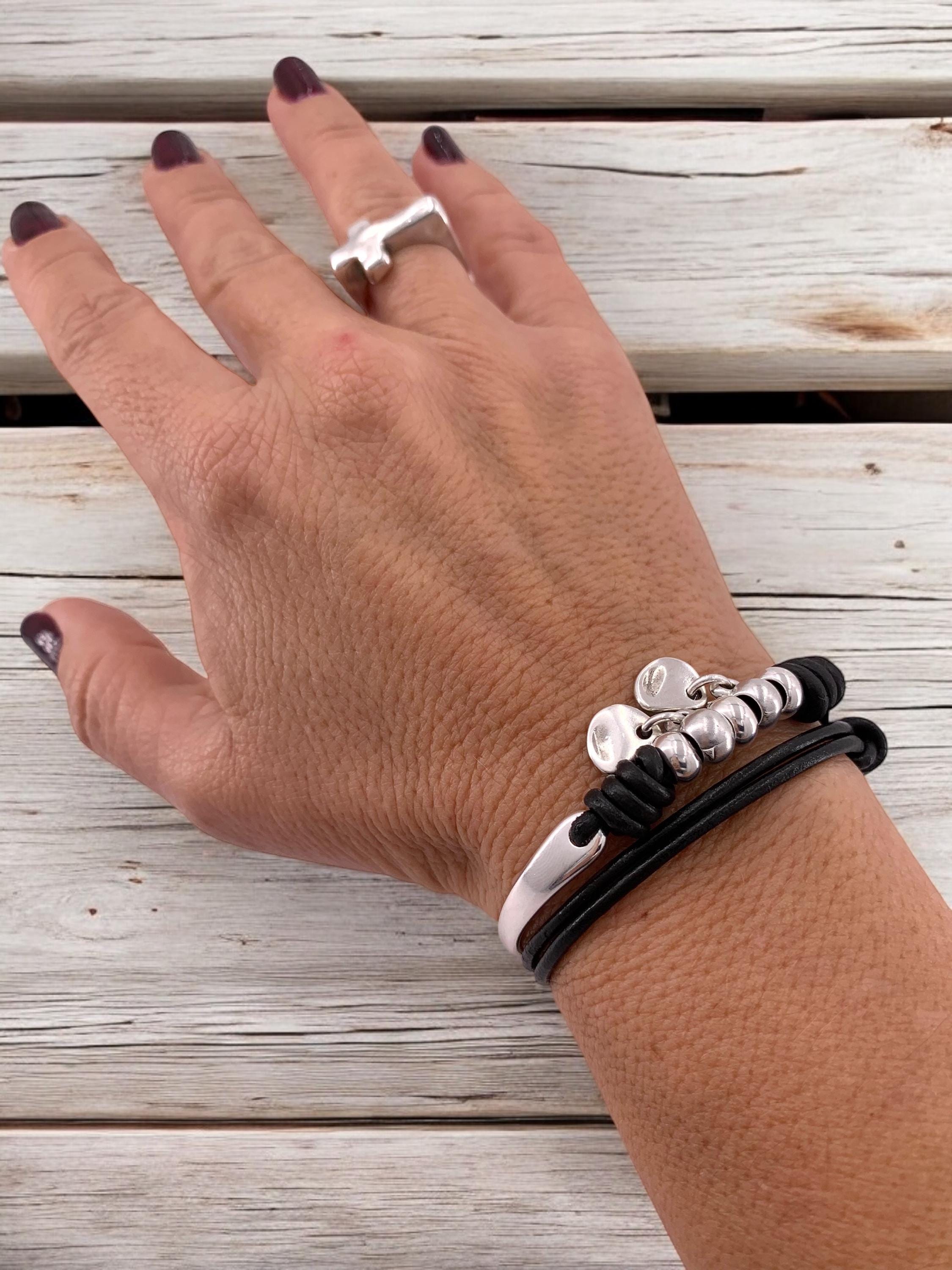 Boho Double-Wrap Leather Bracelet, Silver-Plated Half Cuff & Charms, Handmade customized Jewelry