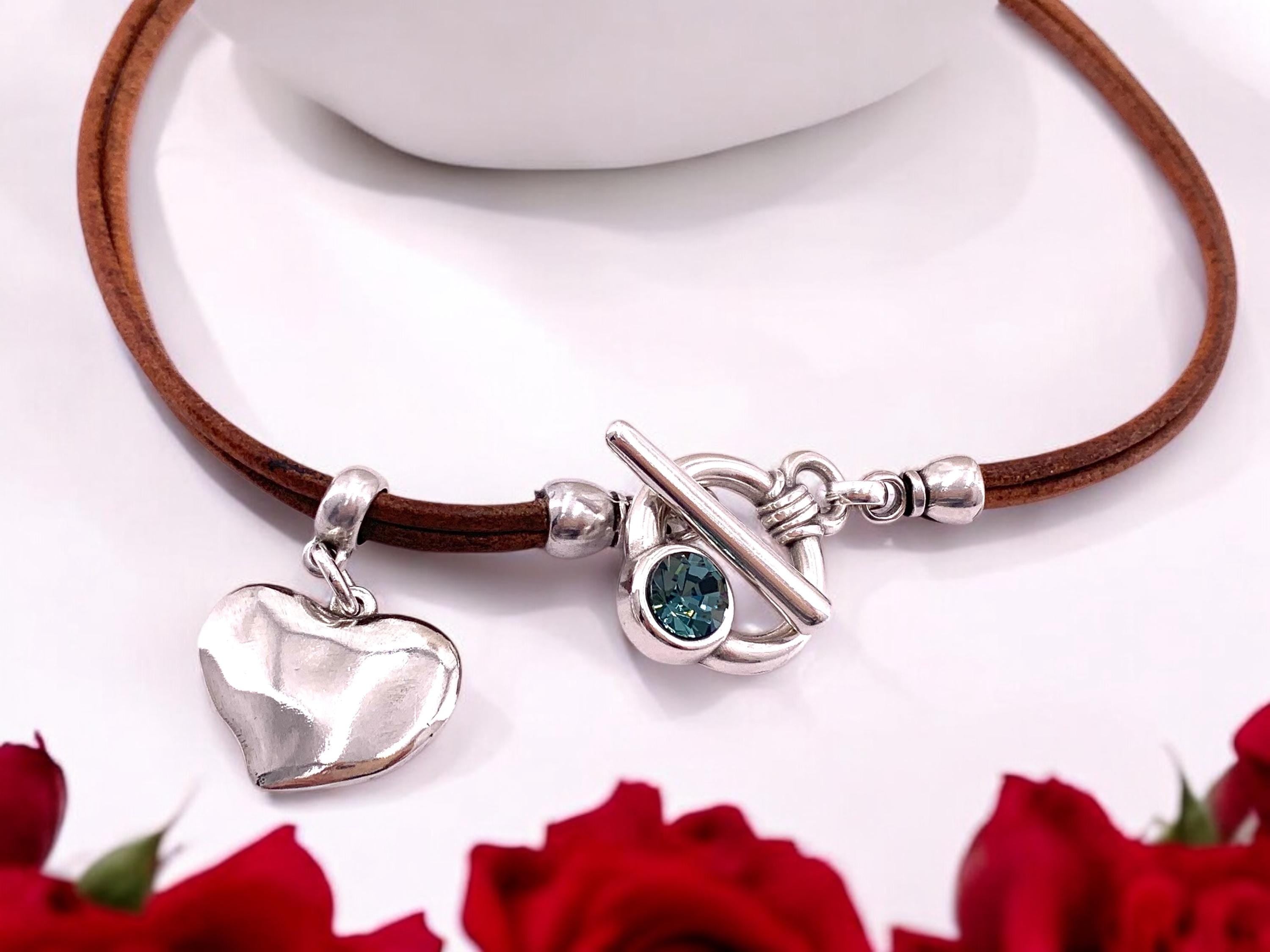 Heart Pendant Leather Necklace, Silver Toggle Clasp with Swarovski Crystal, Bohemian style