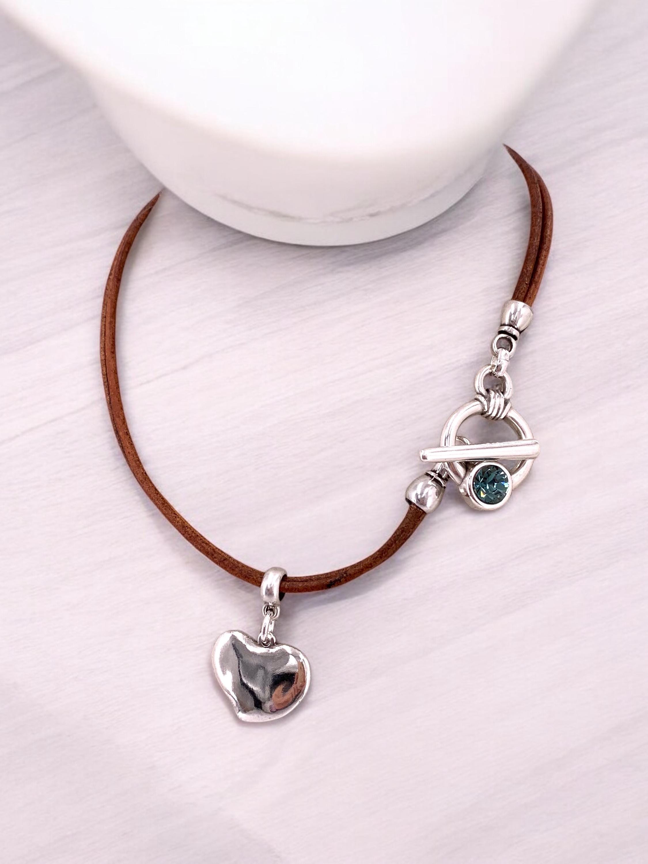 Heart Pendant Leather Necklace, Silver Toggle Clasp with Swarovski Crystal, Bohemian style