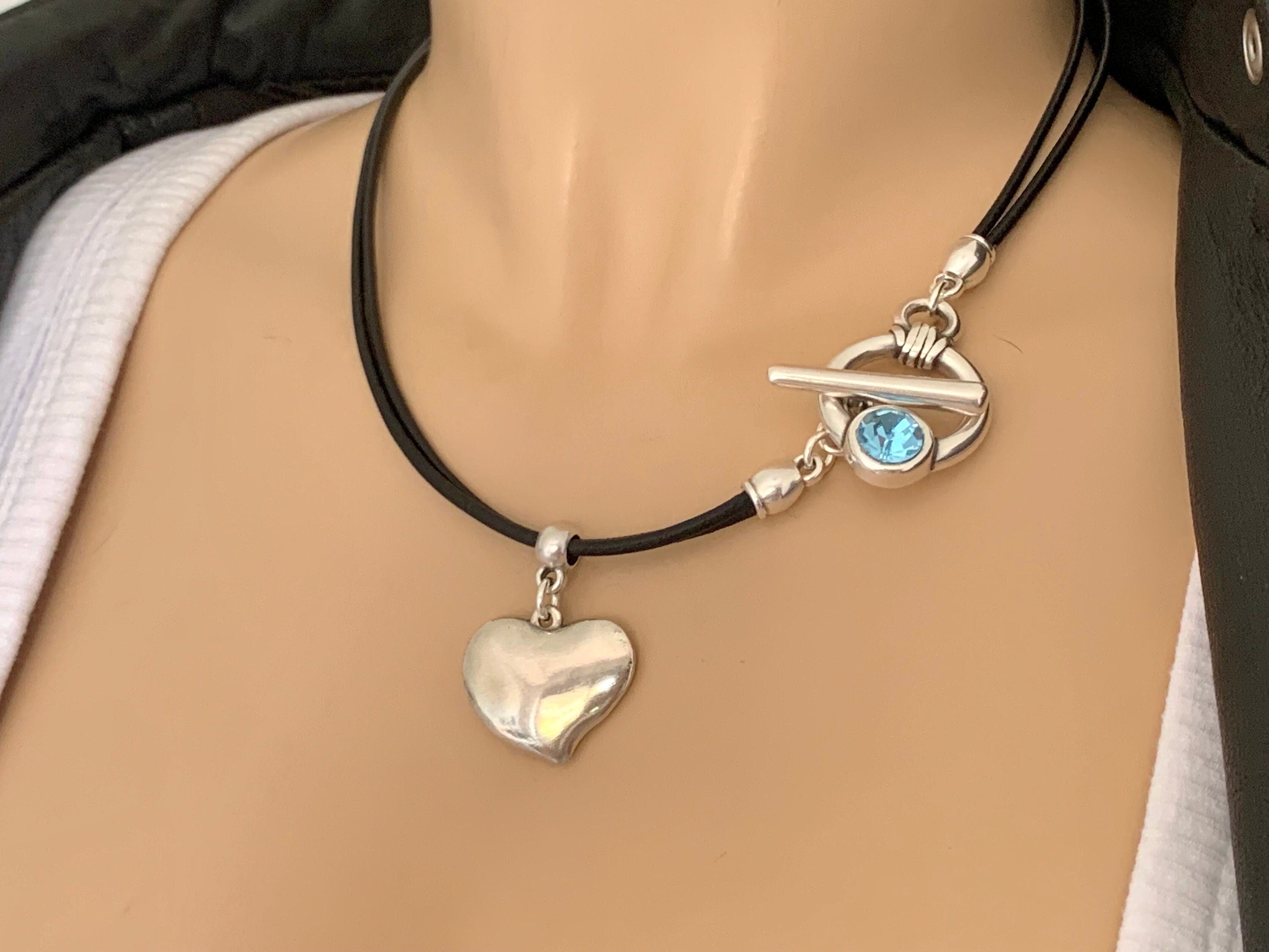 Heart Pendant Leather Necklace, Silver Toggle Clasp with Swarovski Crystal, Bohemian style