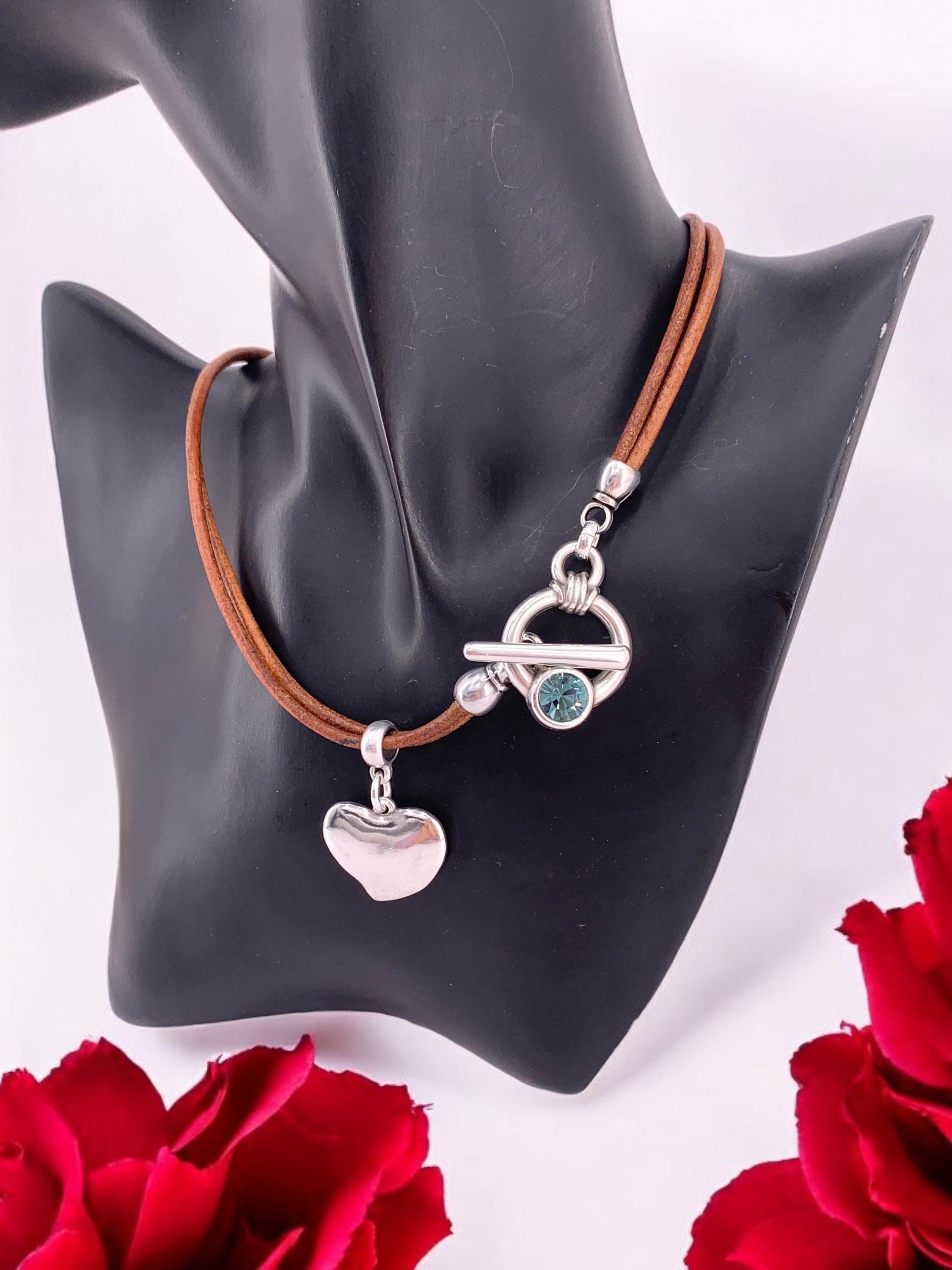 Heart Pendant Leather Necklace, Silver Toggle Clasp with Swarovski Crystal, Bohemian style