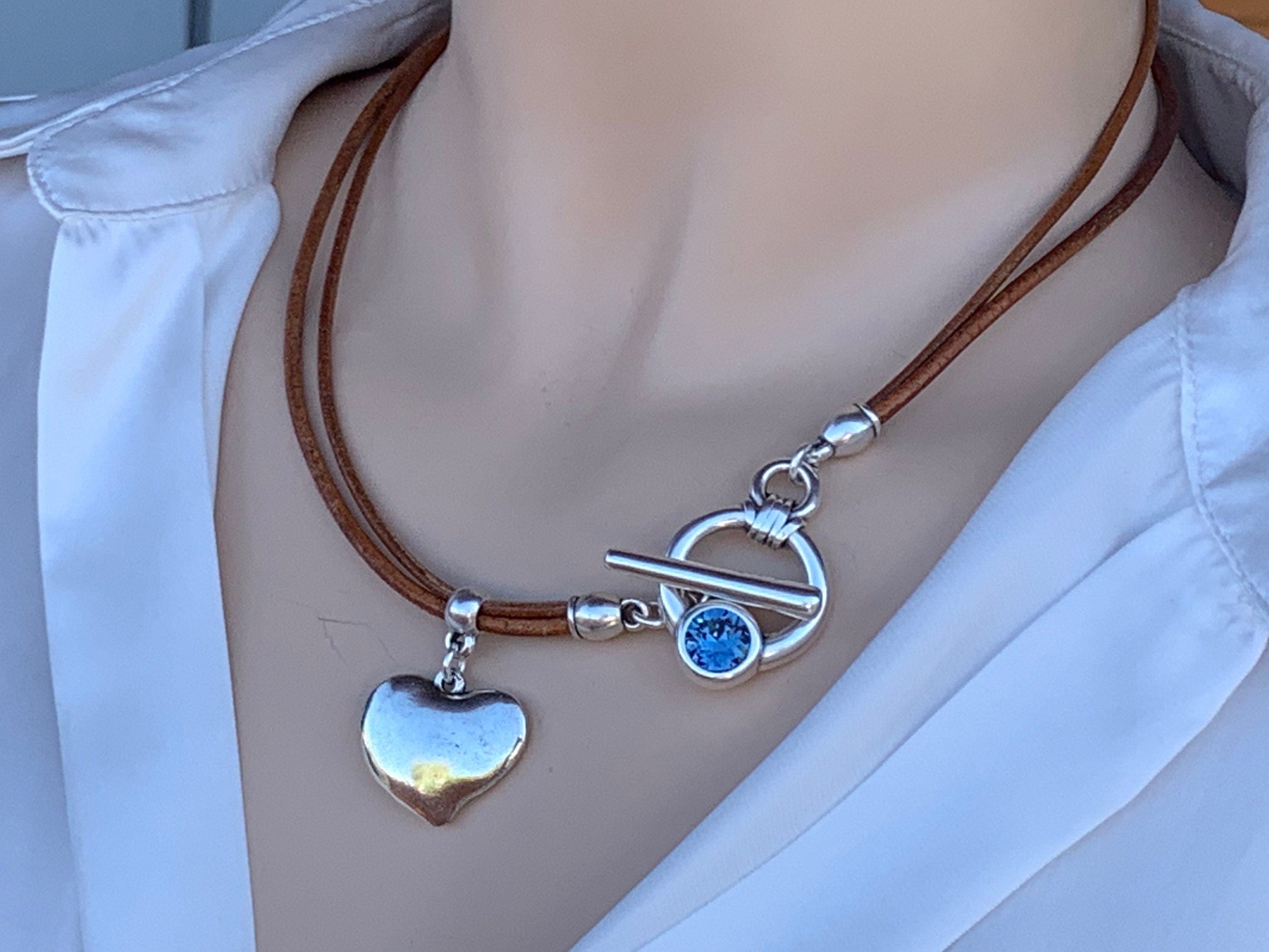 Heart Pendant Leather Necklace, Silver Toggle Clasp with Swarovski Crystal, Bohemian style