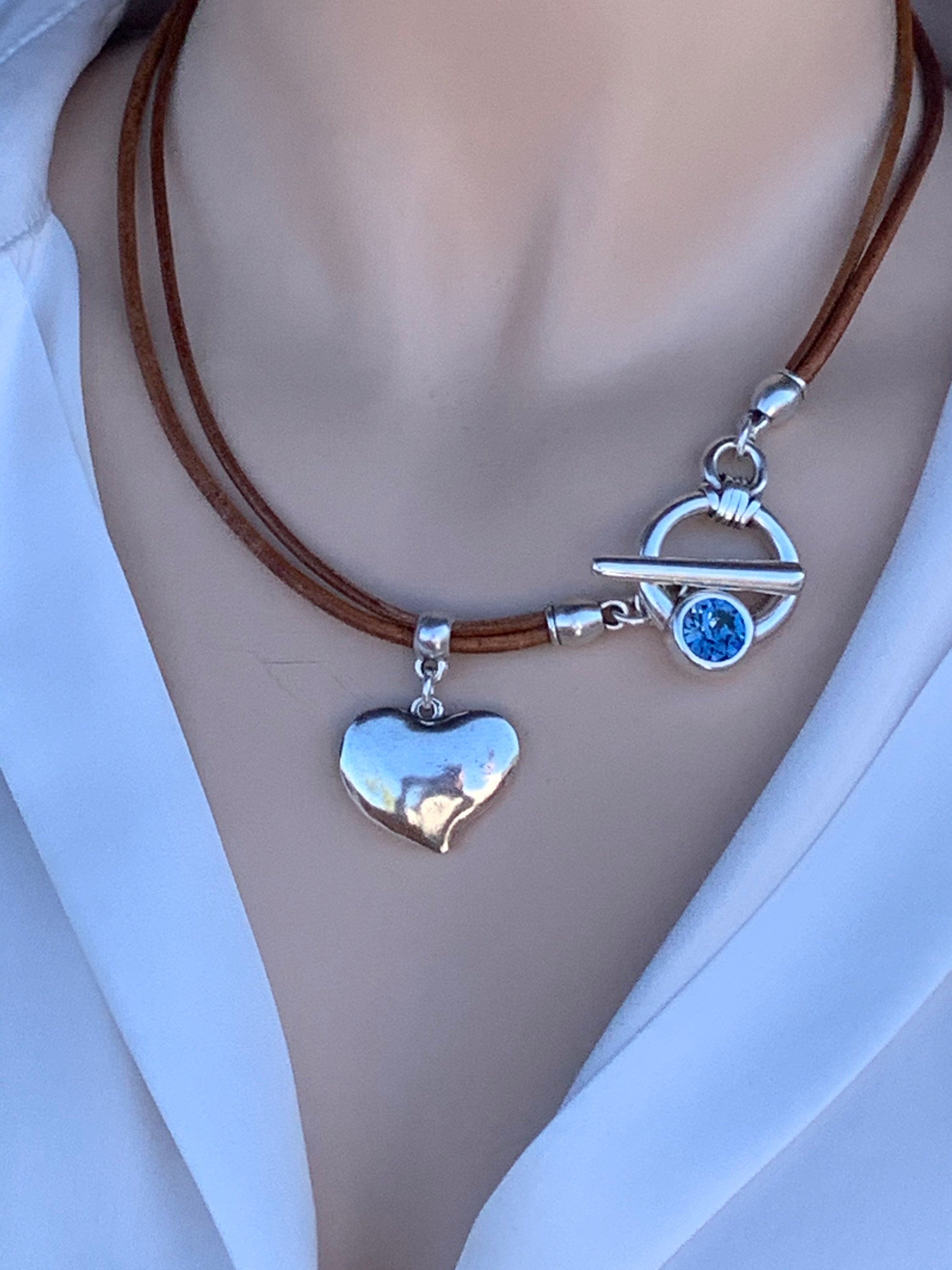 Heart Pendant Leather Necklace, Silver Toggle Clasp with Swarovski Crystal, Bohemian style