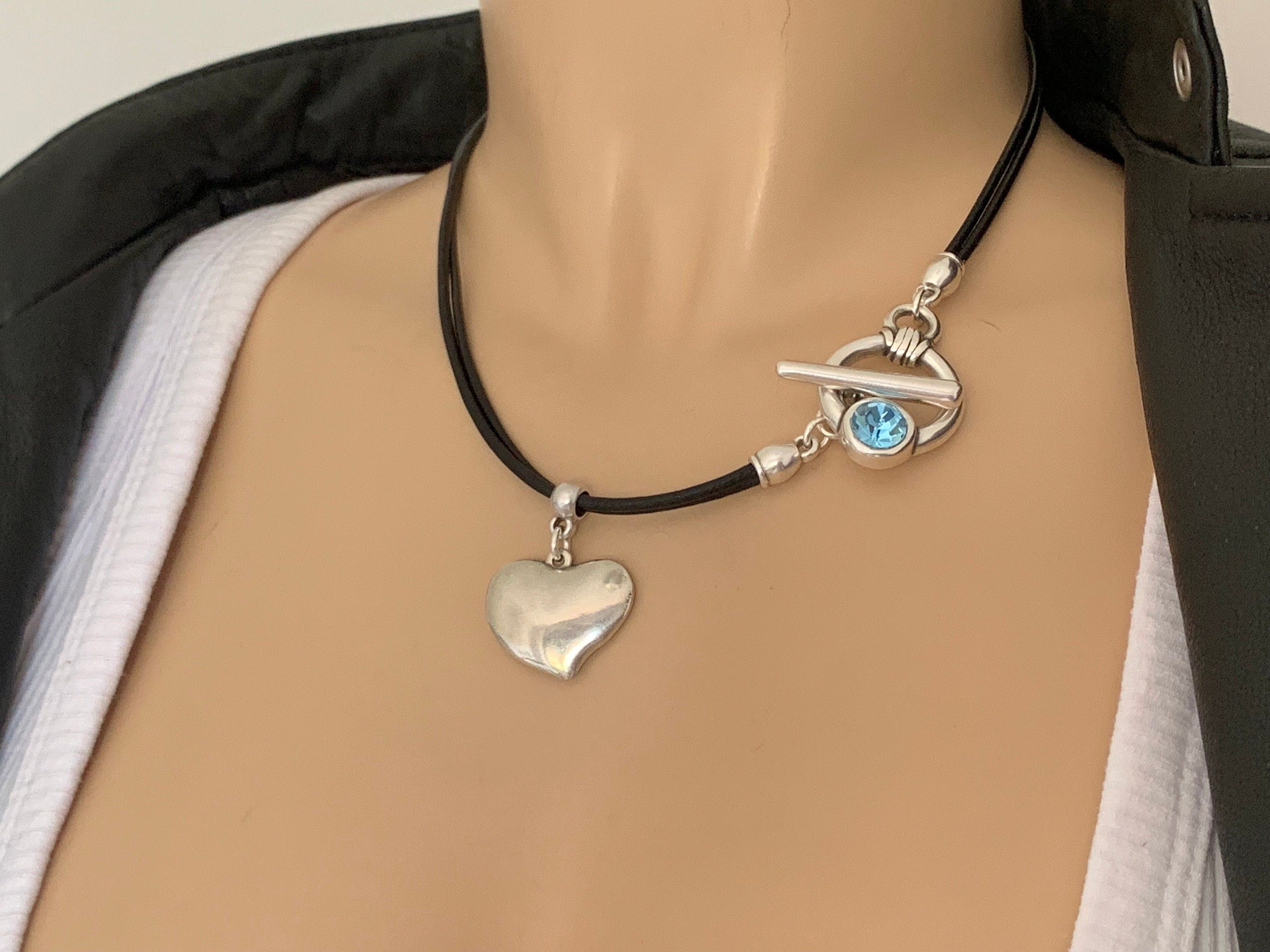 Heart Pendant Leather Necklace, Silver Toggle Clasp with Swarovski Crystal, Bohemian style