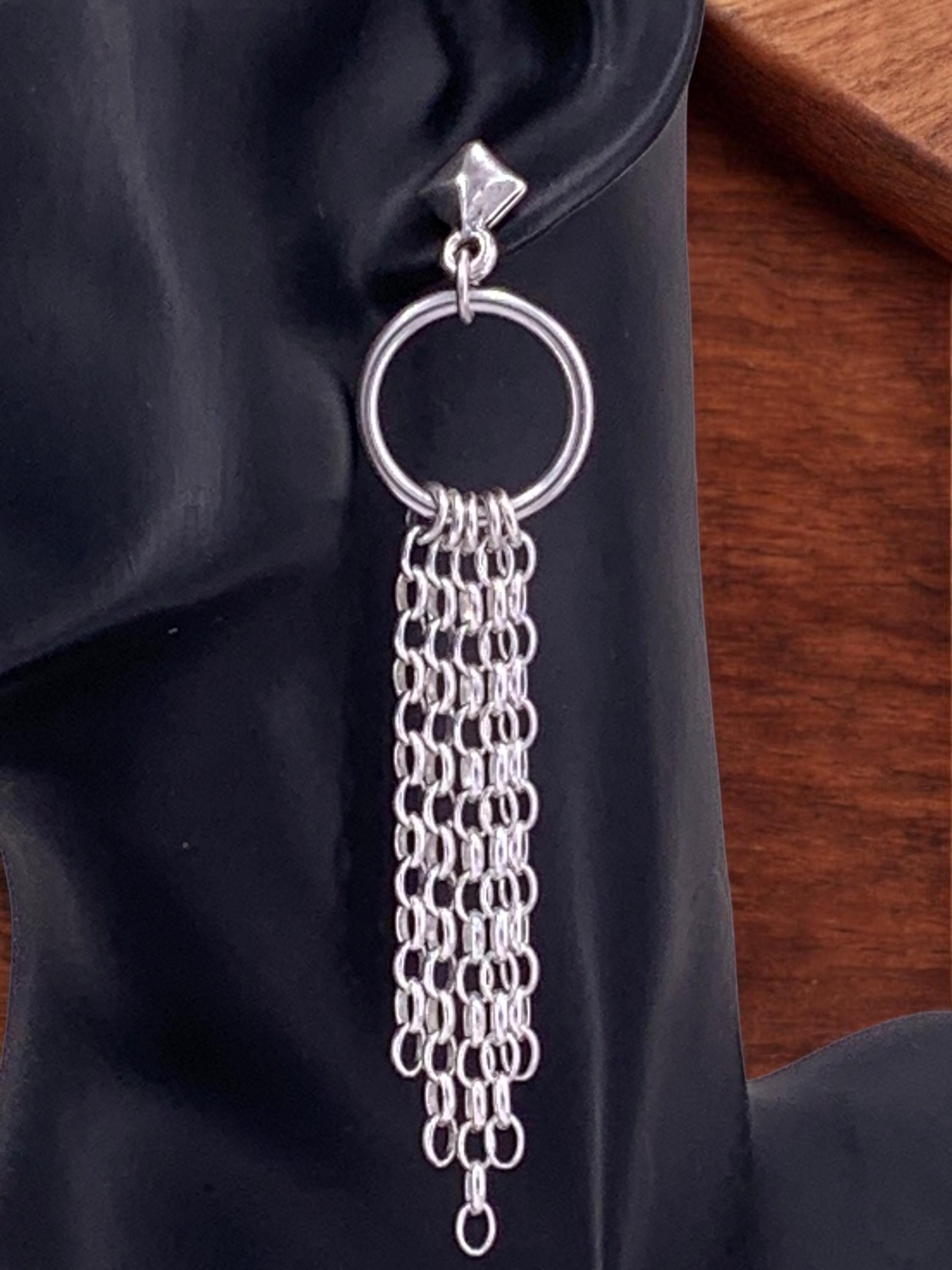 Very Long Multi-Chain Earrings – Chunky Silver Dangles – Statement Cascade Design – Kukuri Jewelry