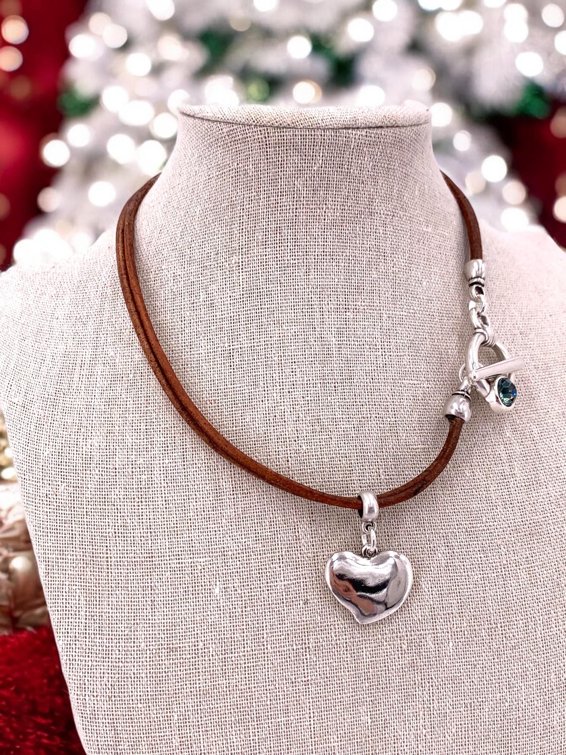 Heart Pendant Leather Necklace, Silver Toggle Clasp with Swarovski Crystal, Bohemian style