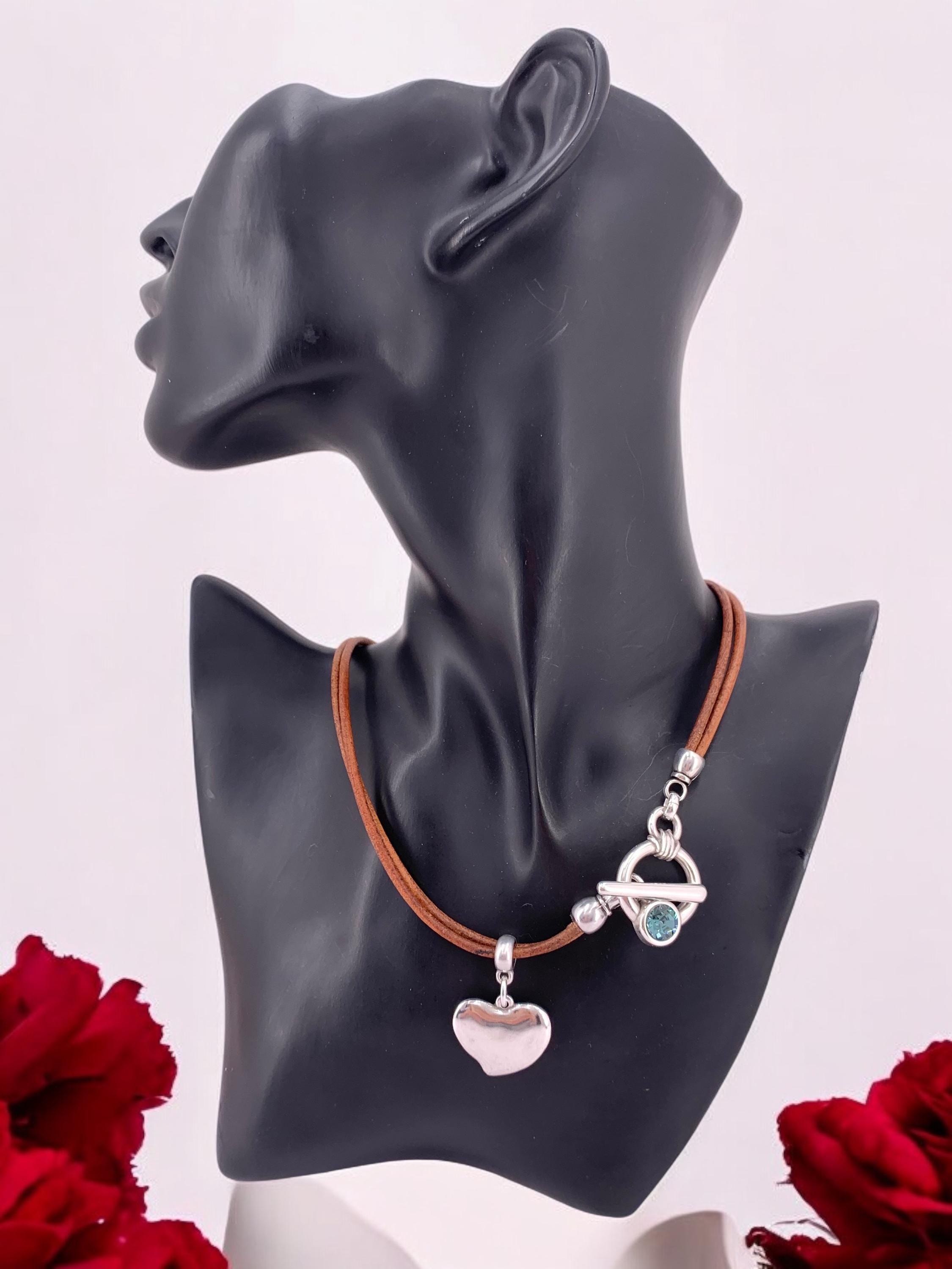 Heart Pendant Leather Necklace, Silver Toggle Clasp with Swarovski Crystal, Bohemian style