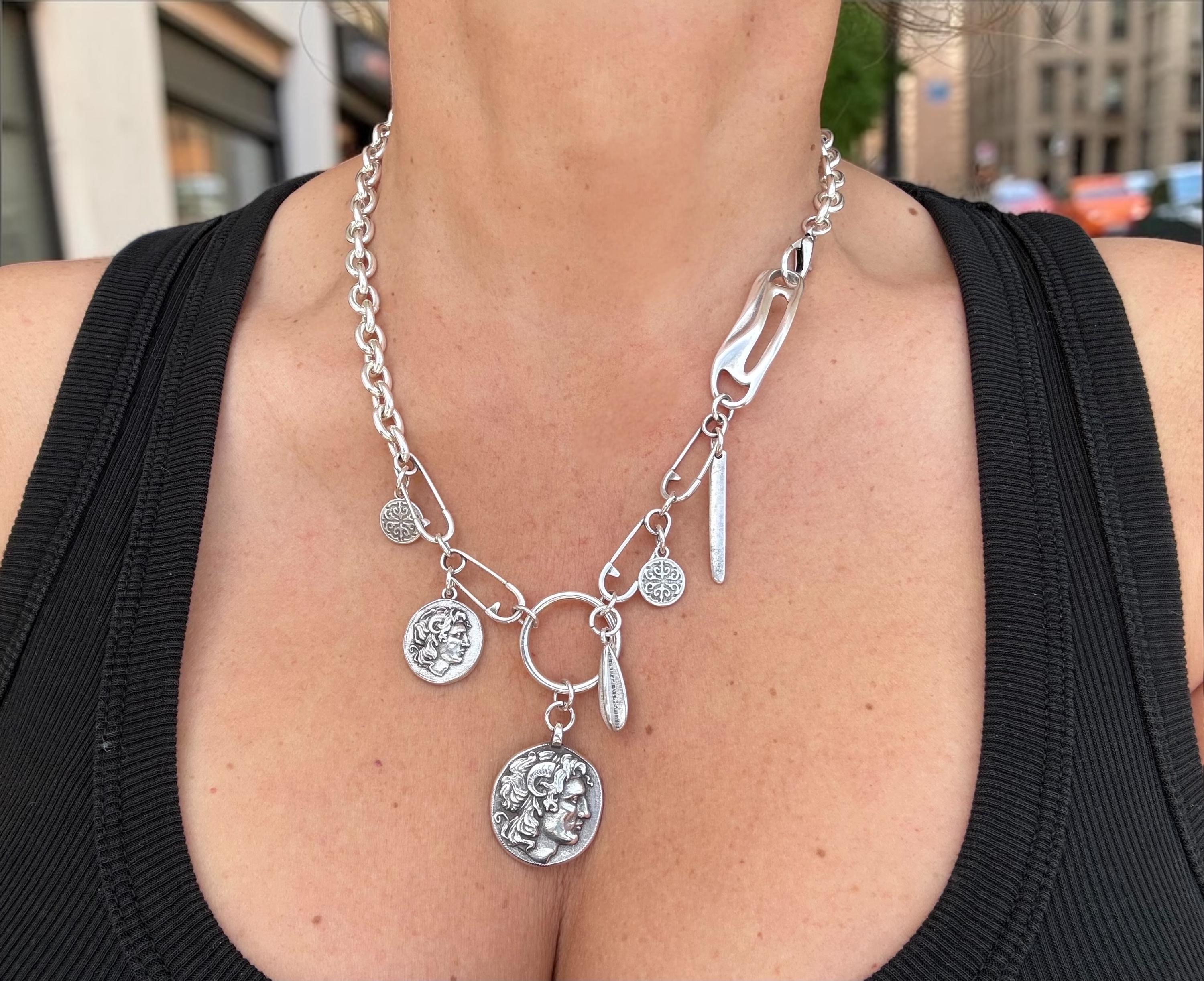 Chunky Silver Plated Chain Necklace with Greek Coin Pendant, Charms Necklace