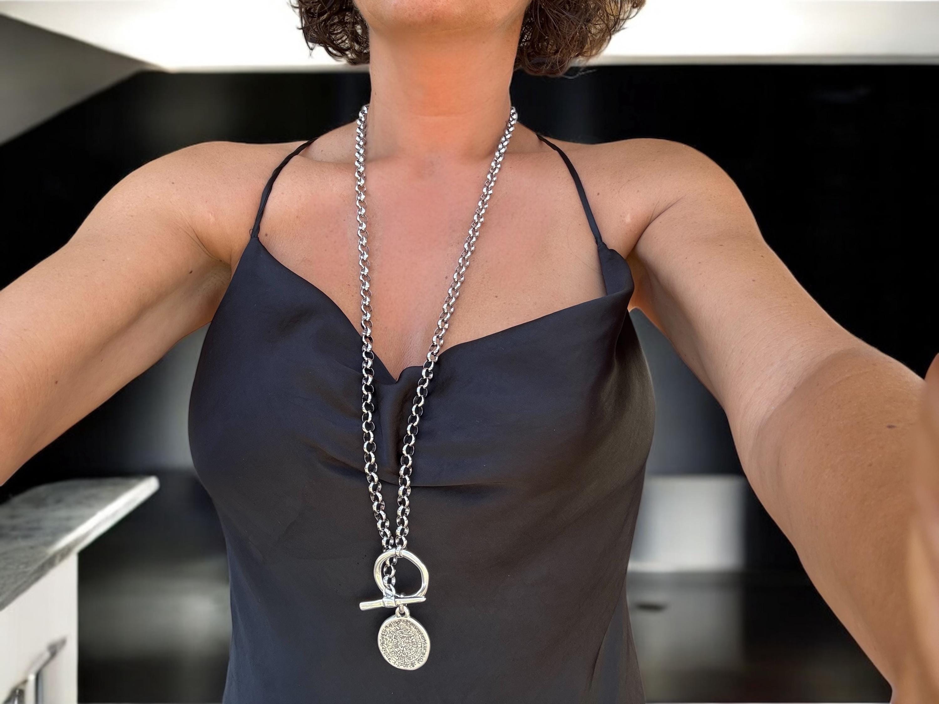 Convertible Statement Bracelet–Necklace with Engraved Amulet and toggle clasp - Black silver jewelry - stainless steel