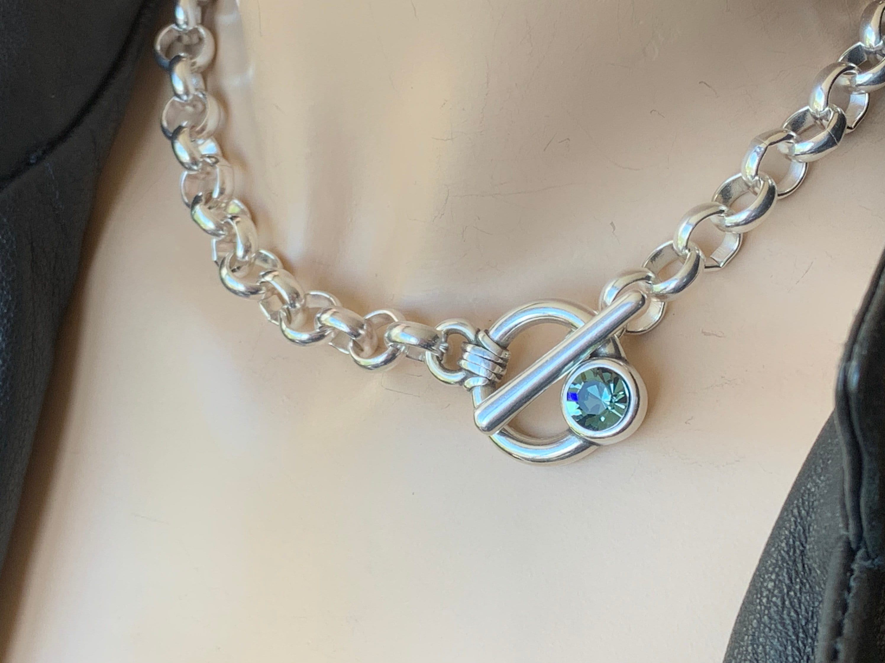 Chunky silver plated rolo chain toggle clasp necklace with Swarovski crystal - custom handmade jewelry