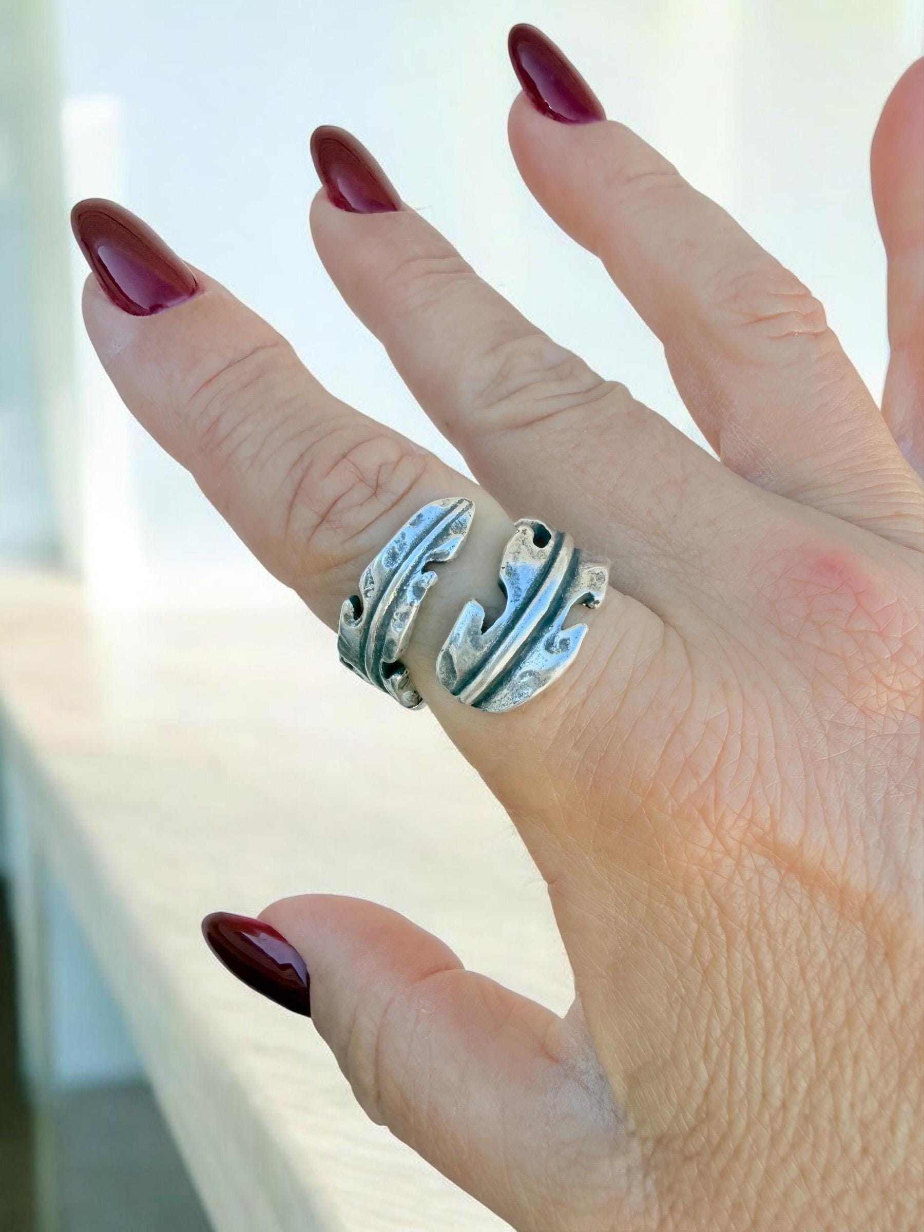 Chunky silver plated wrap leaf shaped ring, open band organic jewelry