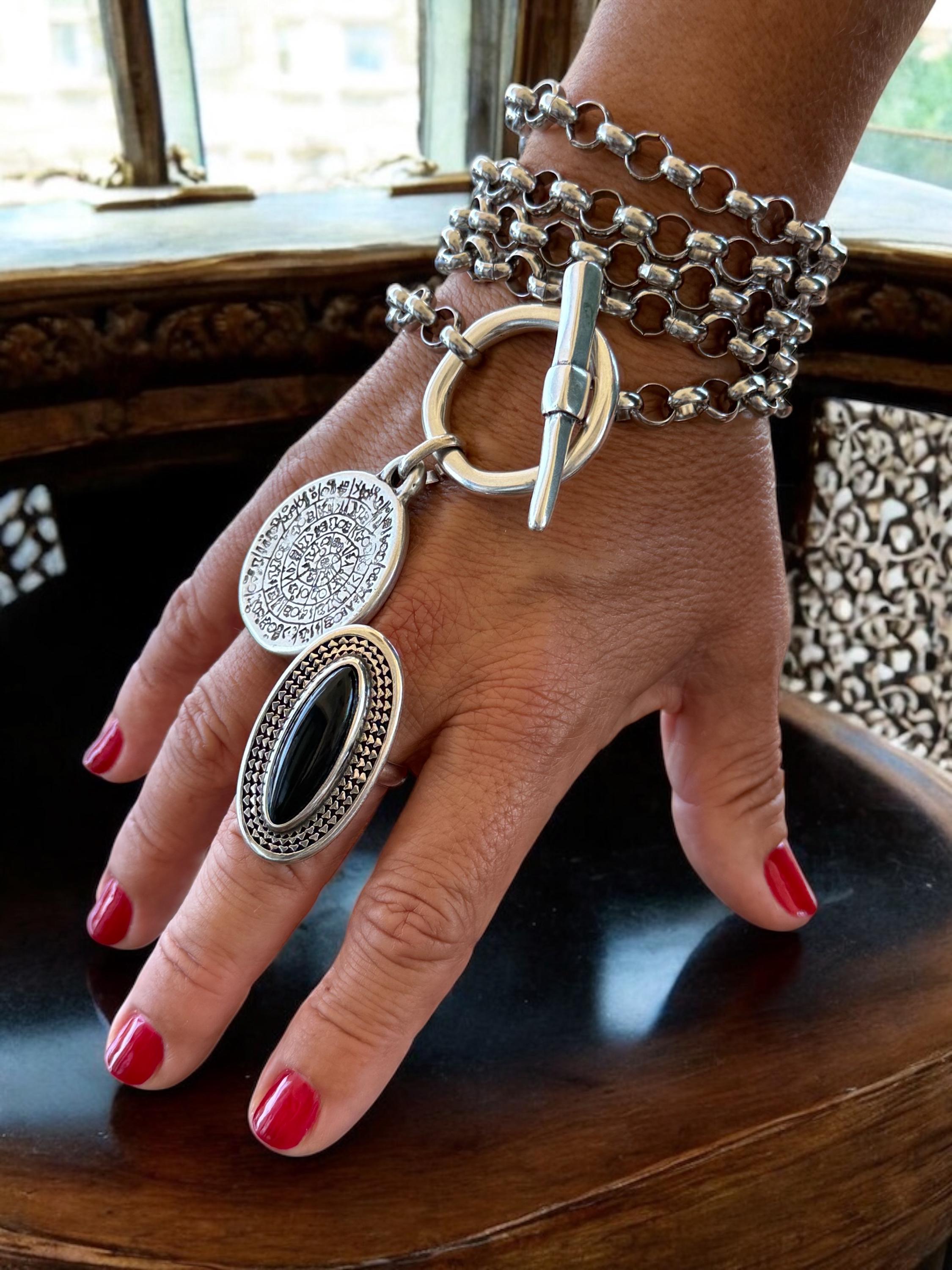 Convertible Statement Bracelet–Necklace with Engraved Amulet and toggle clasp - Black silver jewelry - stainless steel