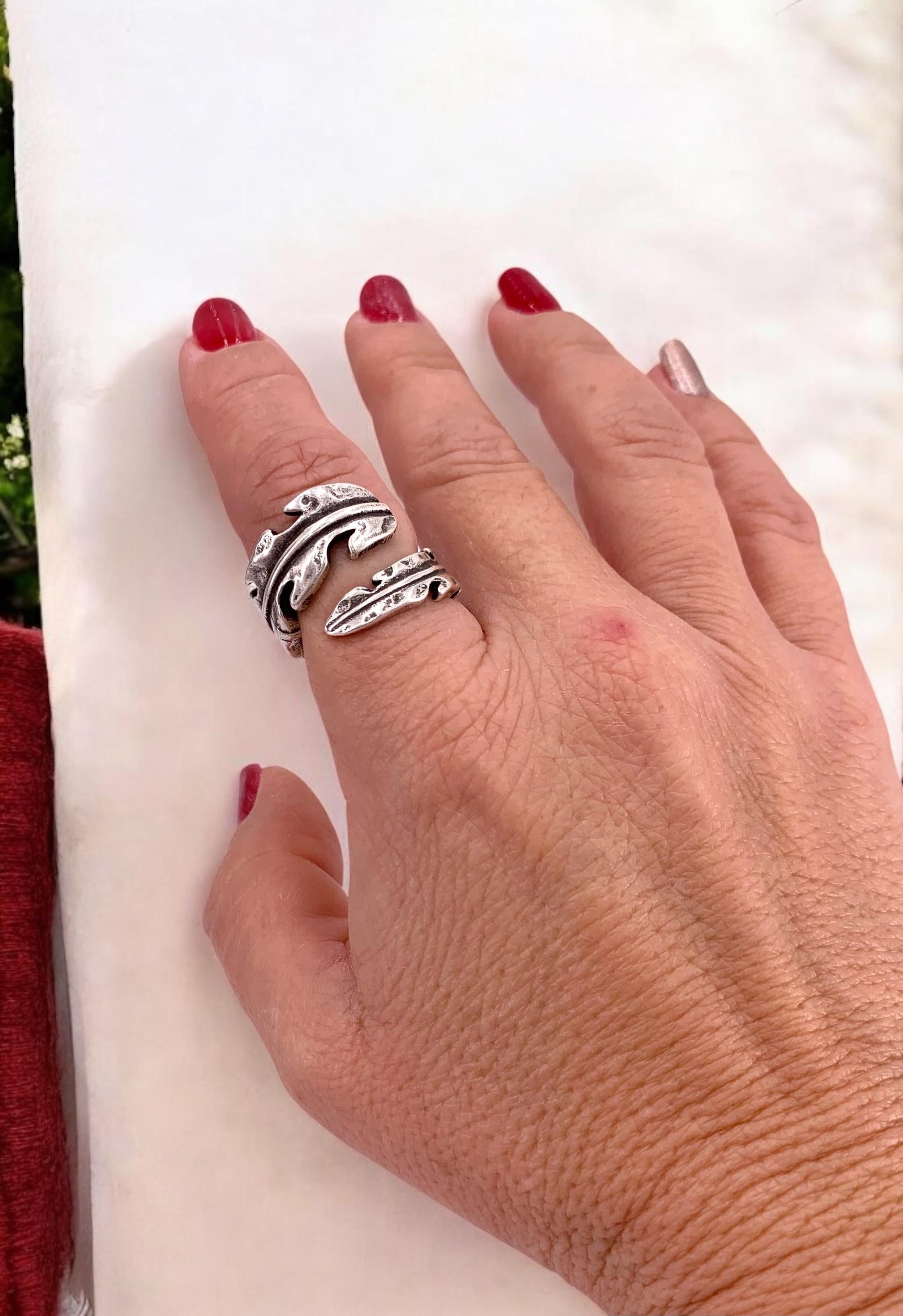 Chunky silver plated wrap leaf shaped ring, open band organic jewelry
