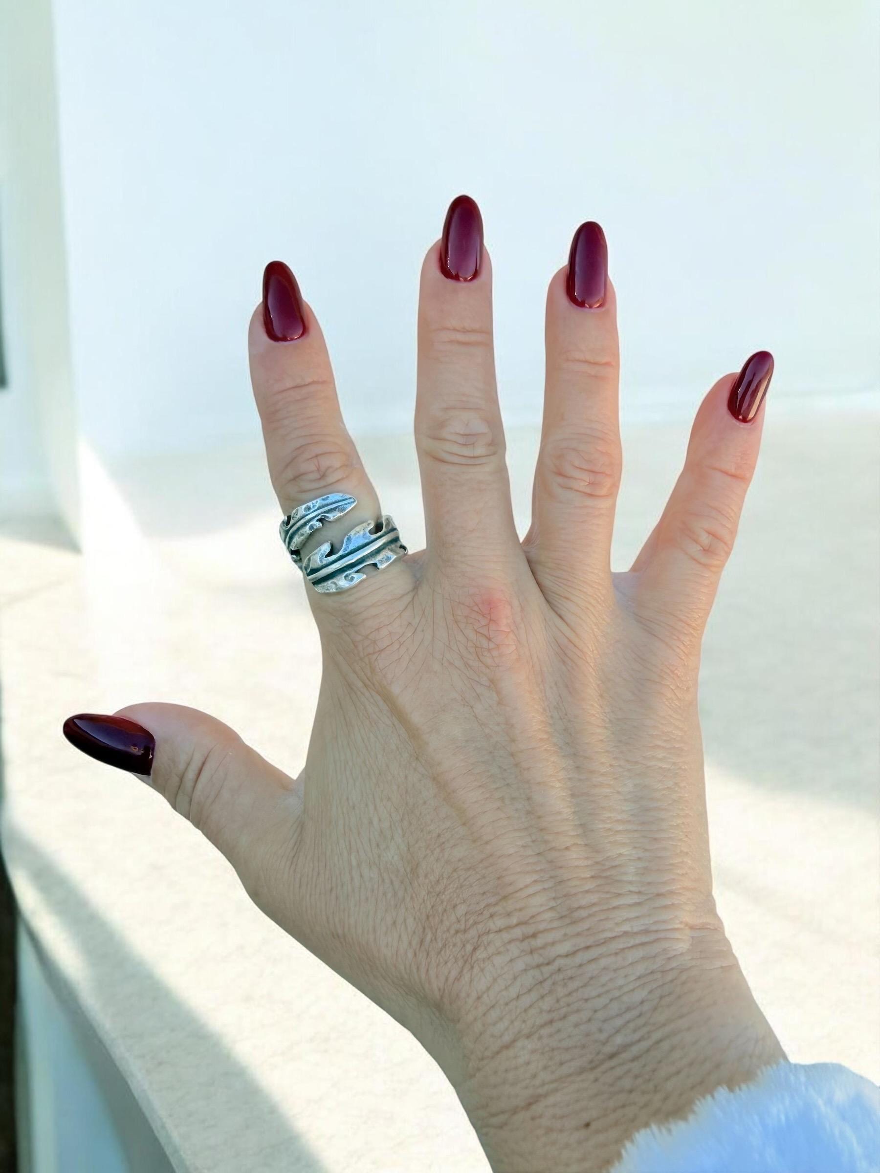 Chunky silver plated wrap leaf shaped ring, open band organic jewelry