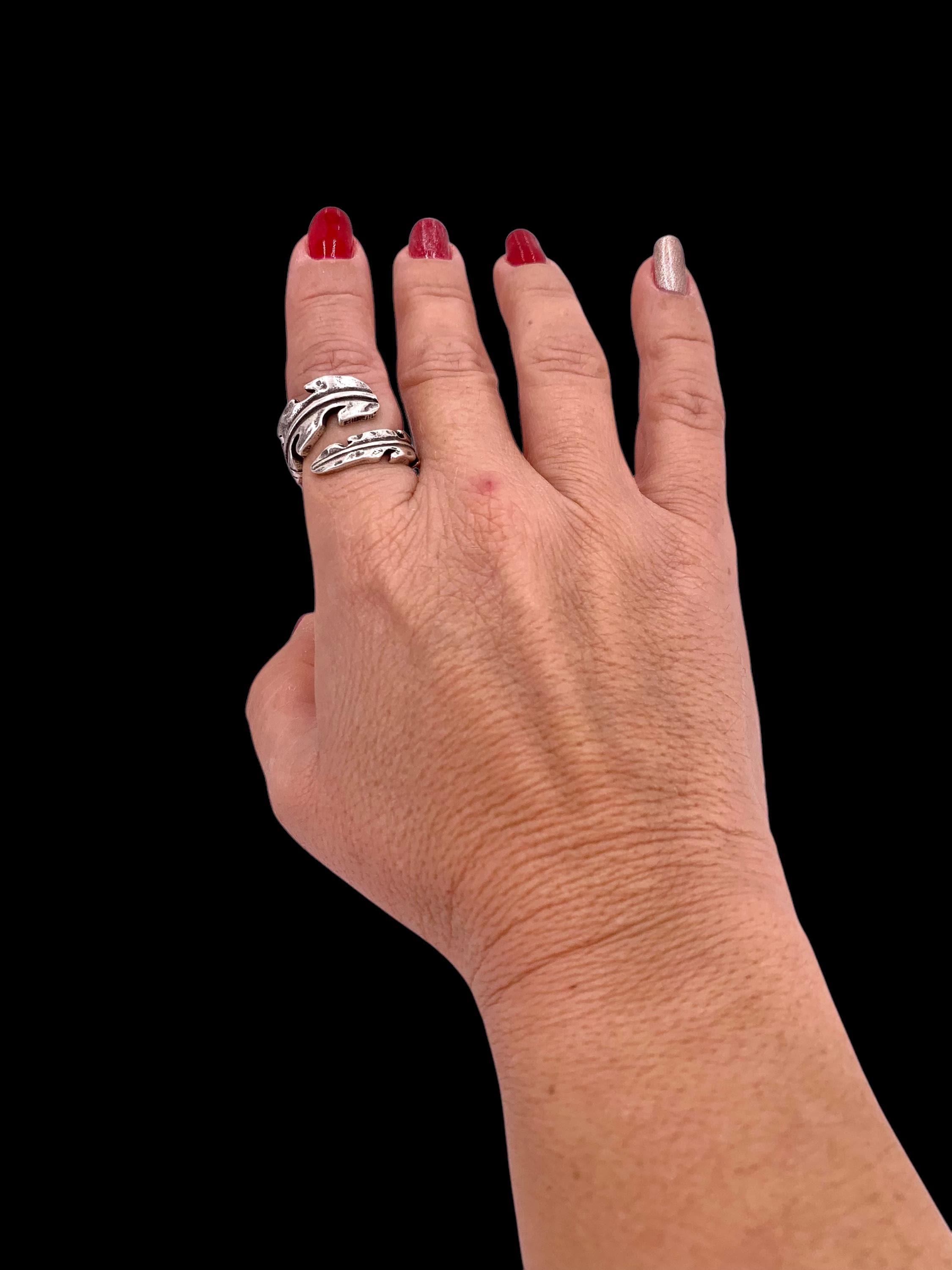 Chunky silver plated wrap leaf shaped ring, open band organic jewelry