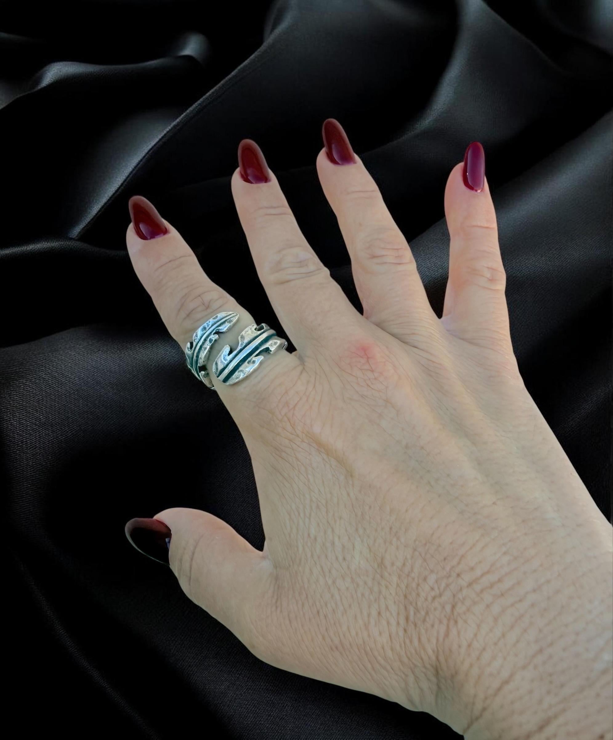 Chunky silver plated wrap leaf shaped ring, open band organic jewelry