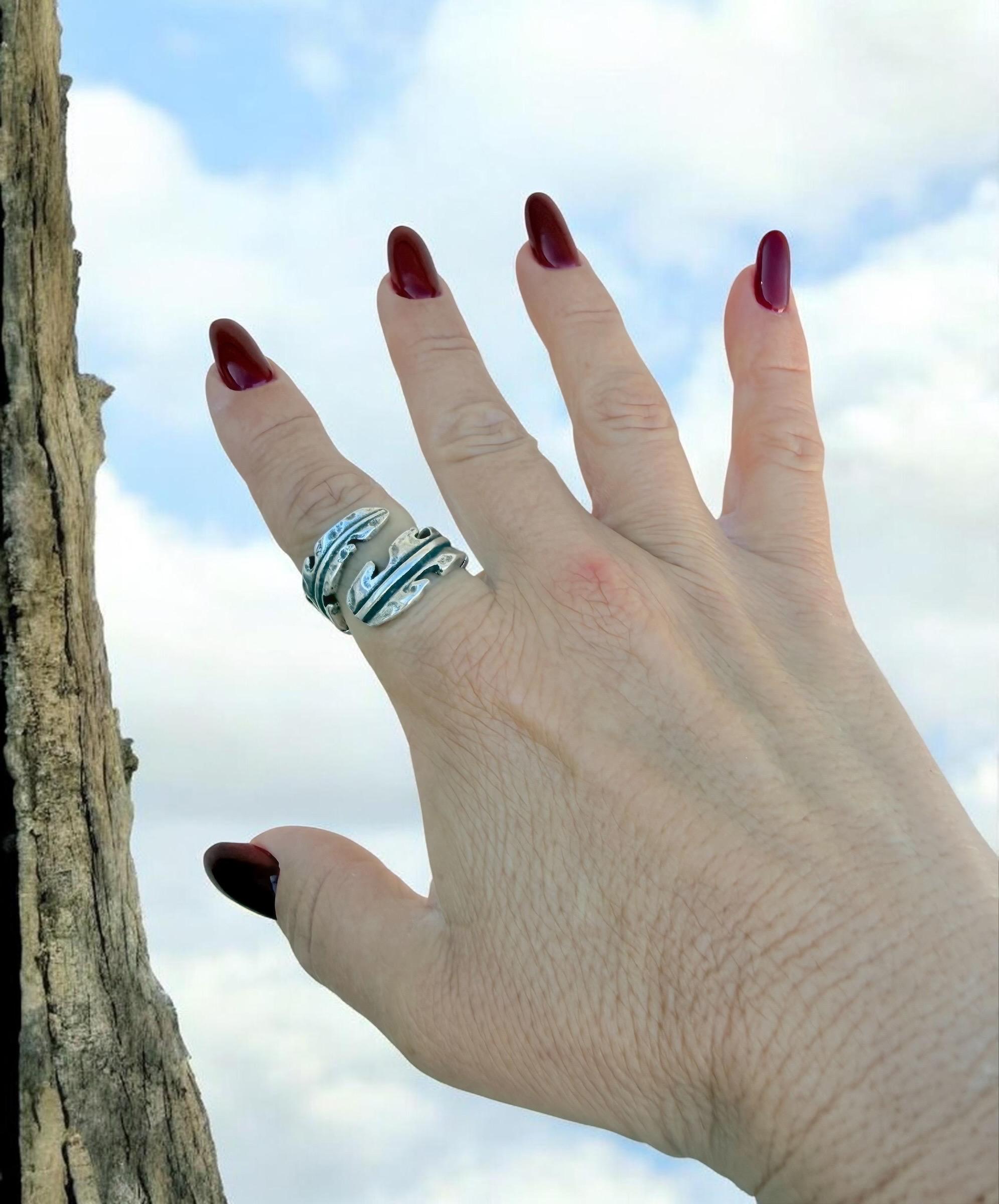 Chunky silver plated wrap leaf shaped ring, open band organic jewelry