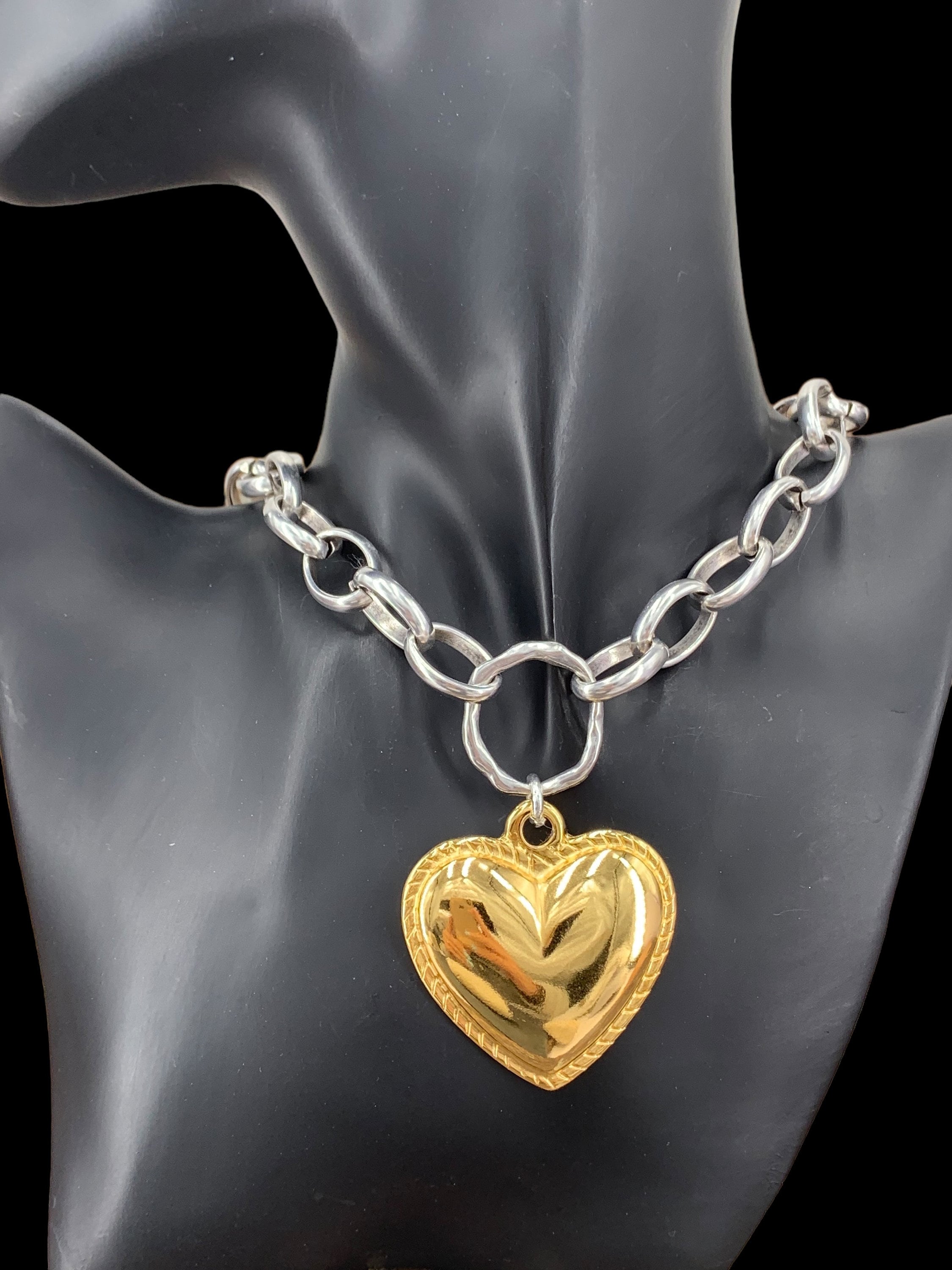 Artisian Sterling Silver Plated Chunky Chain Necklace with Gold Heart Pendant, custom jewelry