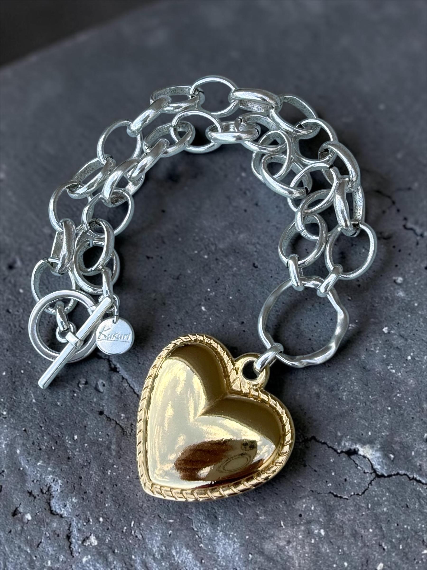 Artisian Sterling Silver Plated Chunky Chain Necklace with Gold Heart Pendant, custom jewelry