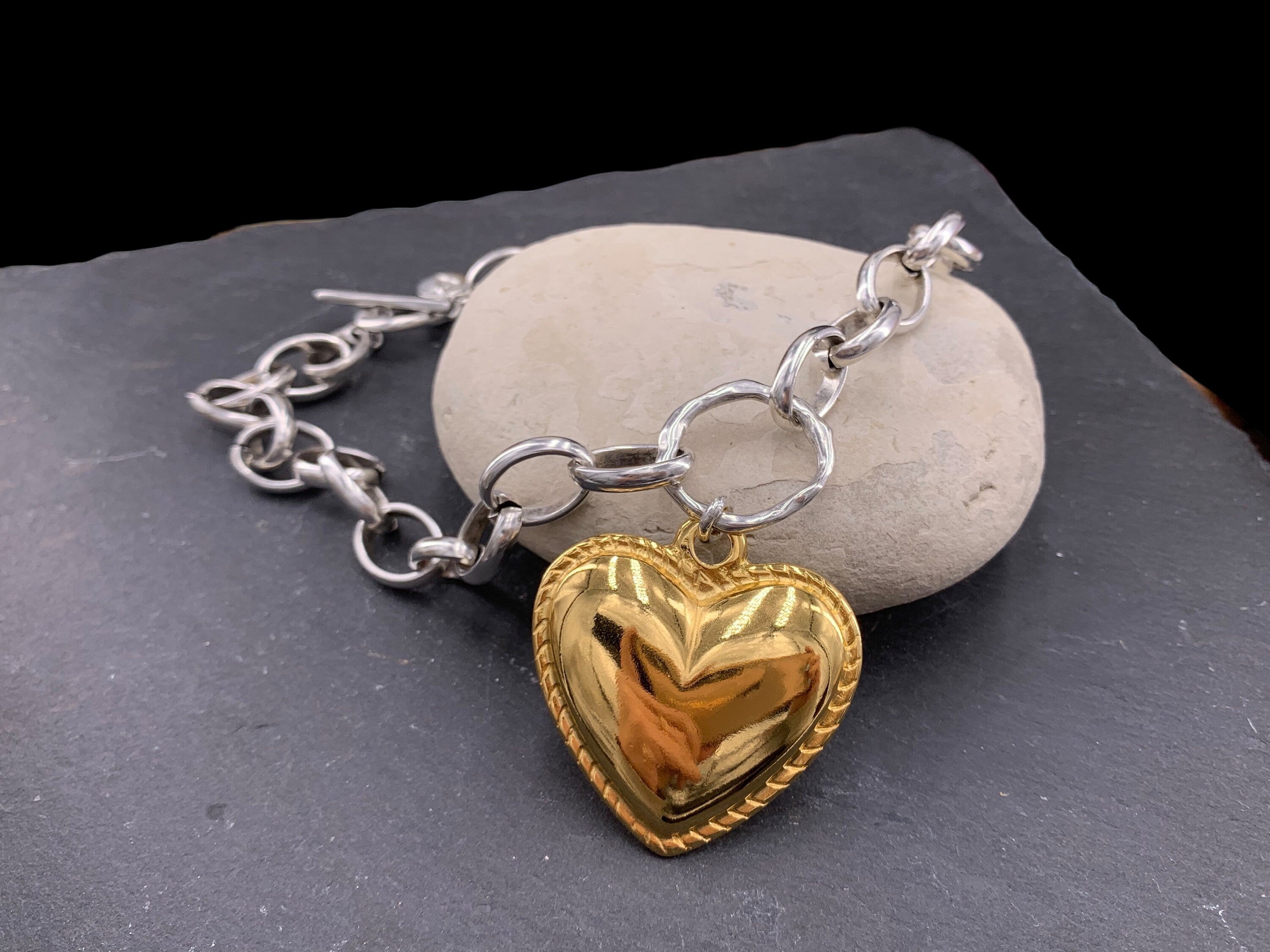 Artisian Sterling Silver Plated Chunky Chain Necklace with Gold Heart Pendant, custom jewelry