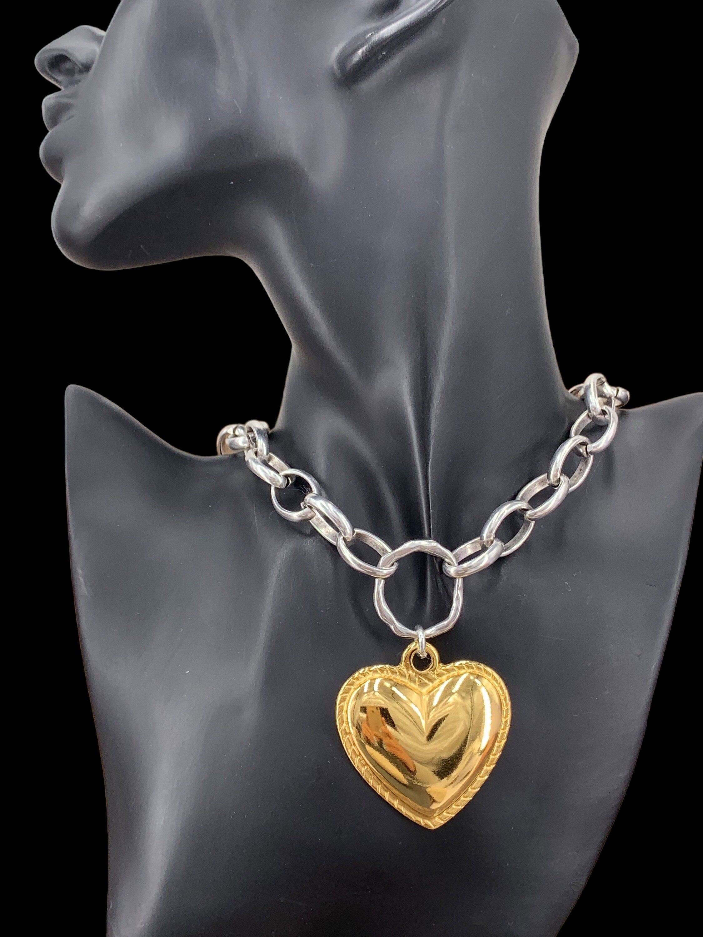 Artisian Sterling Silver Plated Chunky Chain Necklace with Gold Heart Pendant, custom jewelry