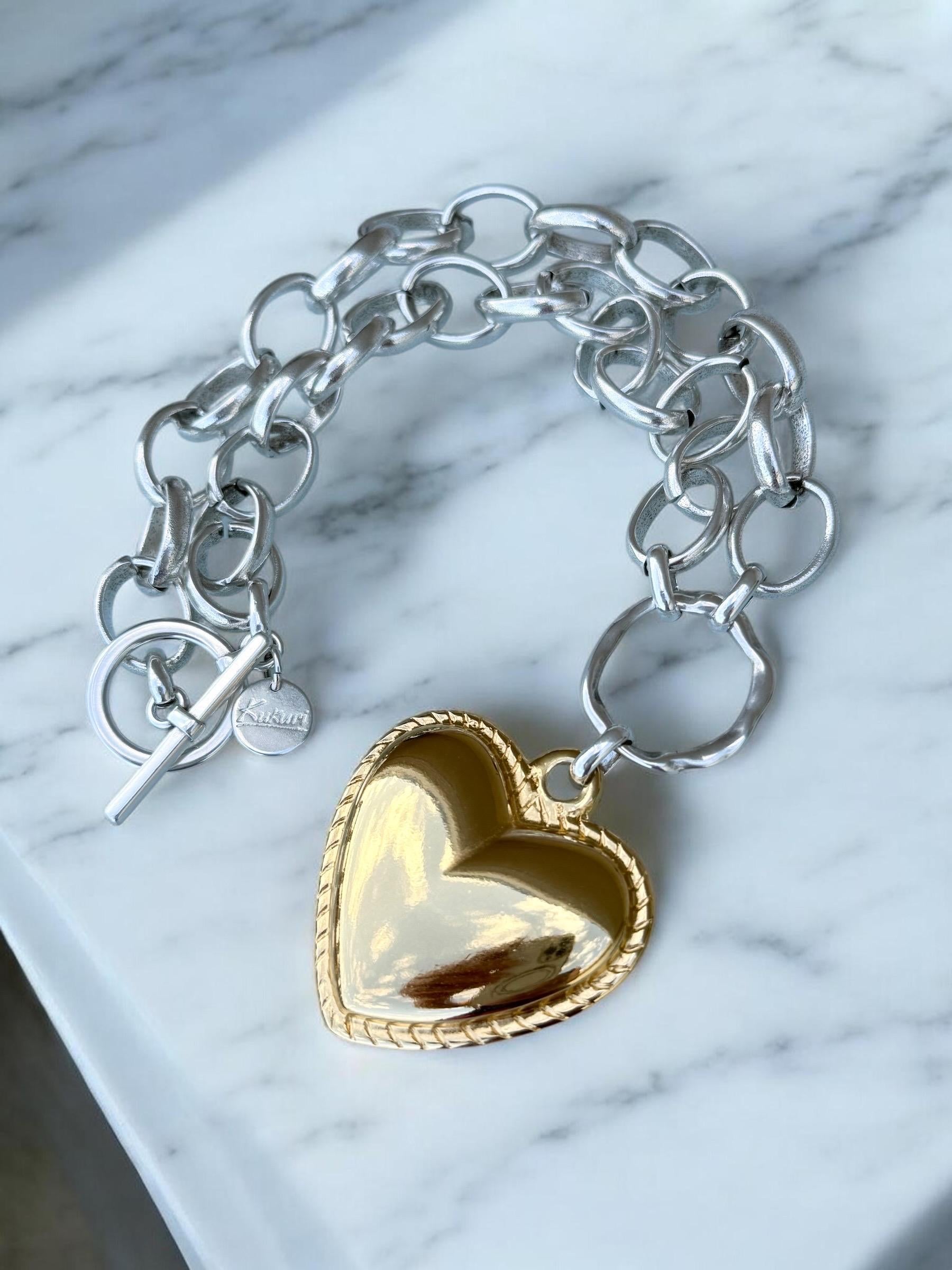 Artisian Sterling Silver Plated Chunky Chain Necklace with Gold Heart Pendant, custom jewelry