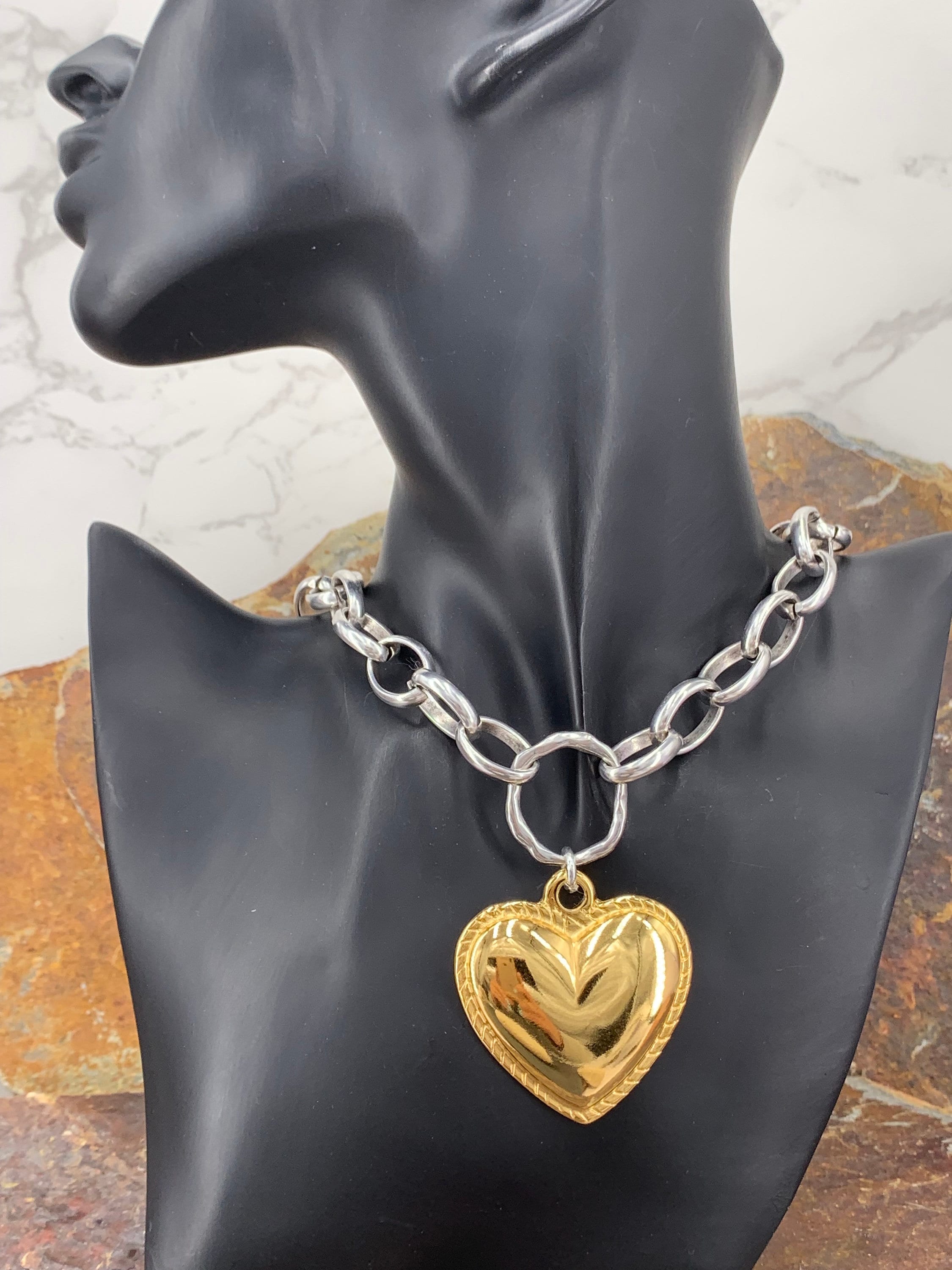 Artisian Sterling Silver Plated Chunky Chain Necklace with Gold Heart Pendant, custom jewelry