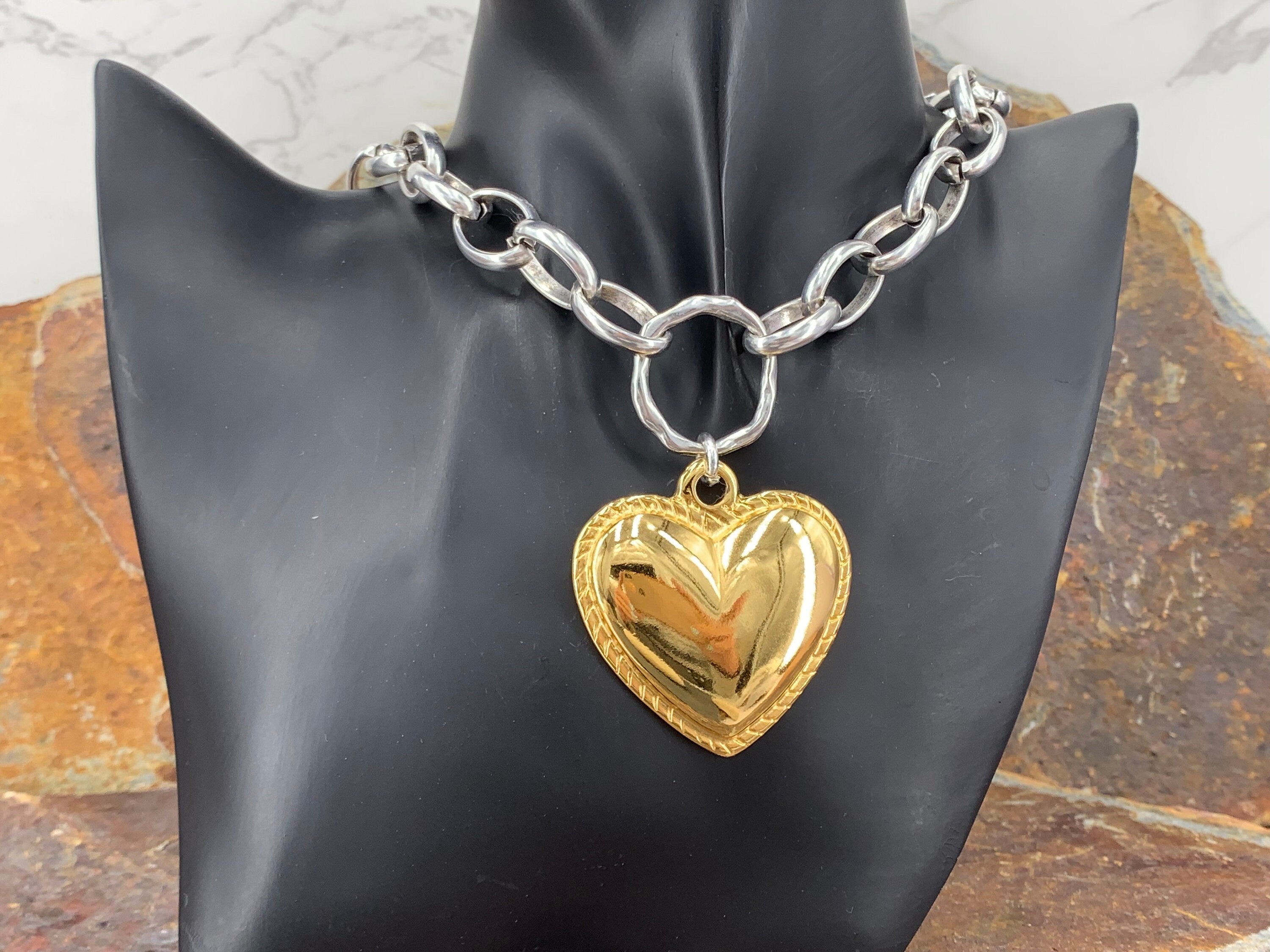 Artisian Sterling Silver Plated Chunky Chain Necklace with Gold Heart Pendant, custom jewelry